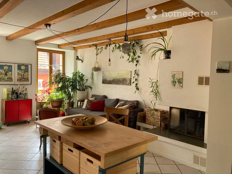 Bright living room with exposed wooden beams, a grey sofa with colorful cushions, a wooden coffee table with a bowl of fruit, a red cabinet, and several potted plants. A fireplace is visible on the right side.