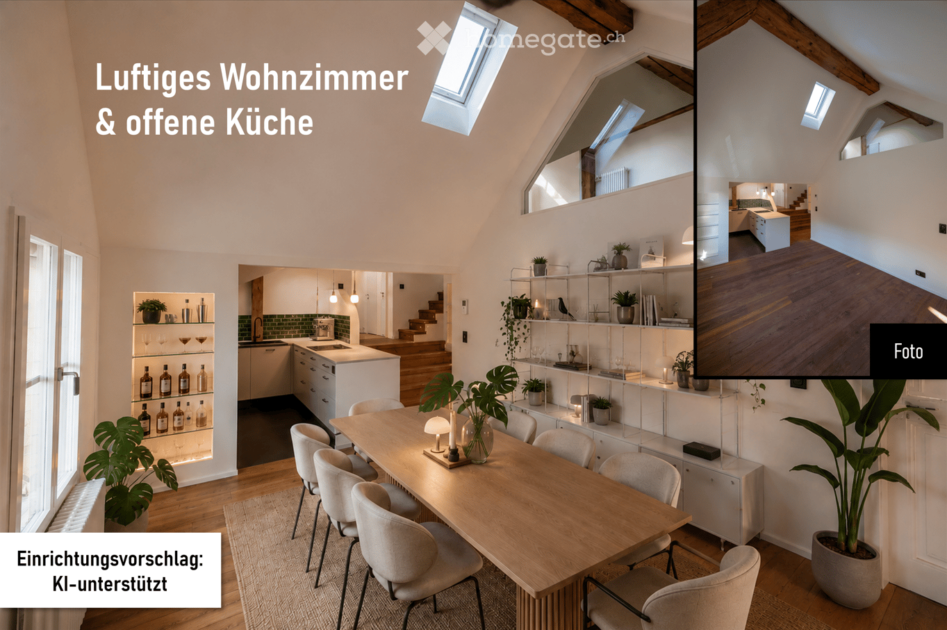 Open-plan living and dining area with a wooden dining table, chairs, shelves with wine glasses and bottles, kitchen area with cabinets and sink, and decorative plants.