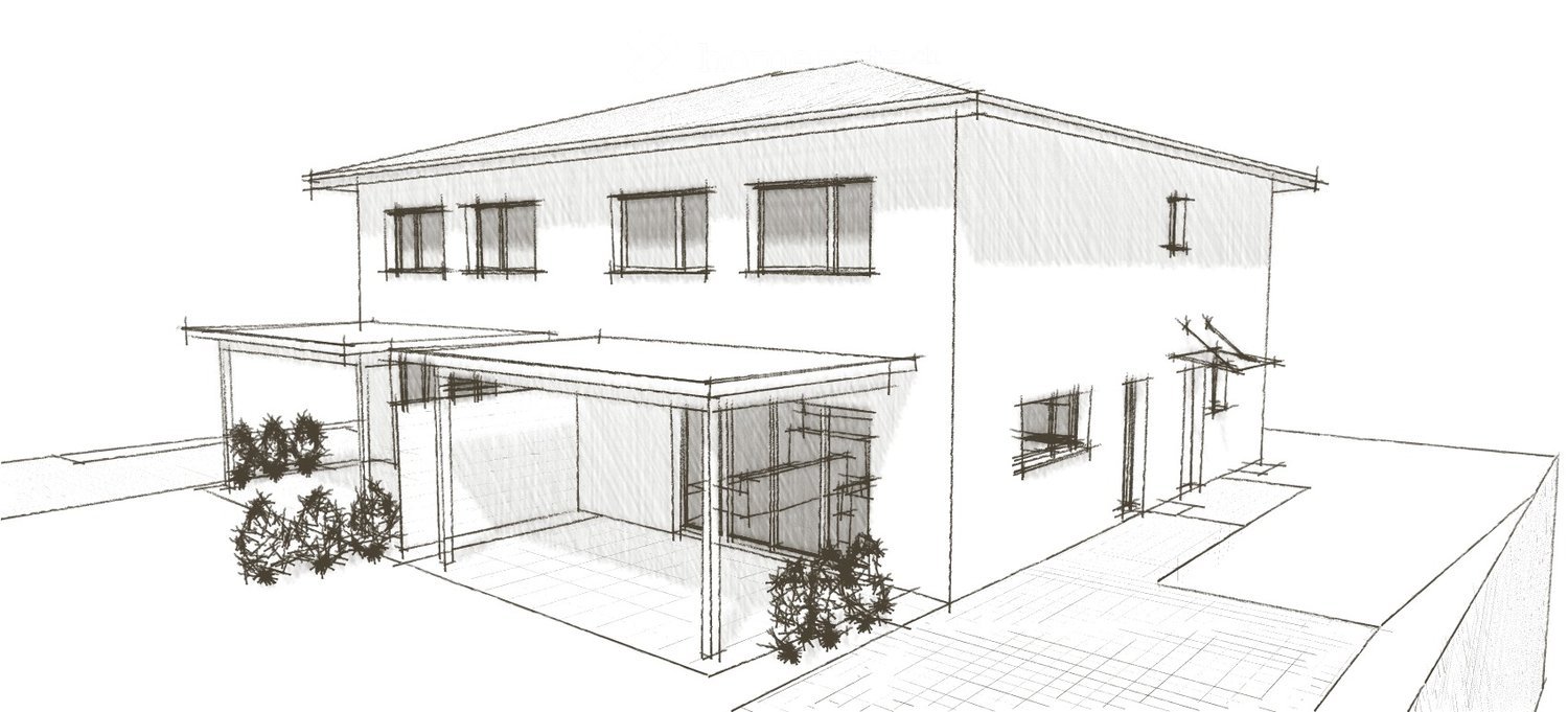 Architectural sketch of a modern two-story house with a covered patio area, multiple windows, and small decorative shrubs.