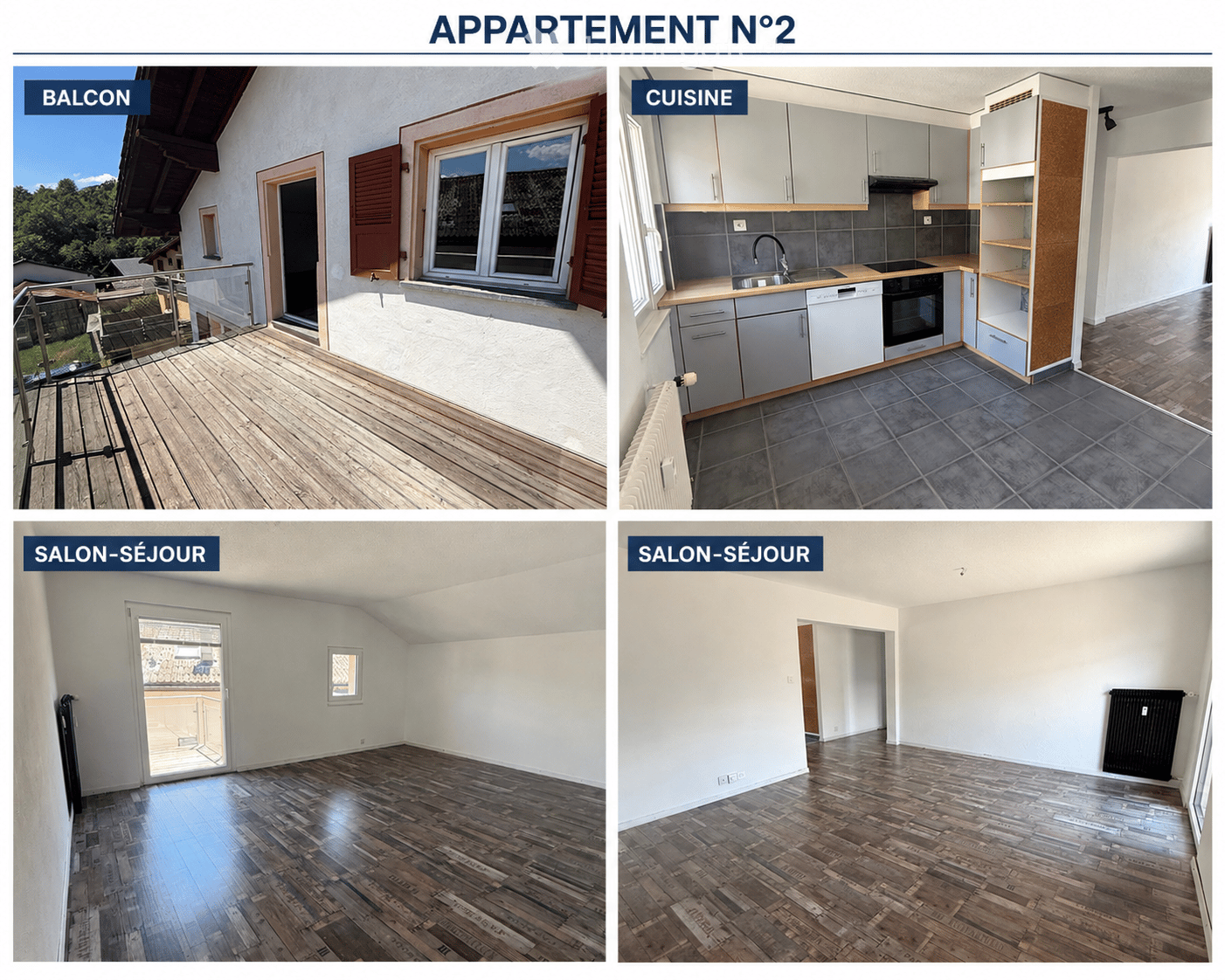 Four images show an unfurnished apartment: a balcony with wooden decking, a kitchen with cabinets and appliances, and two living rooms with wooden flooring and large windows.