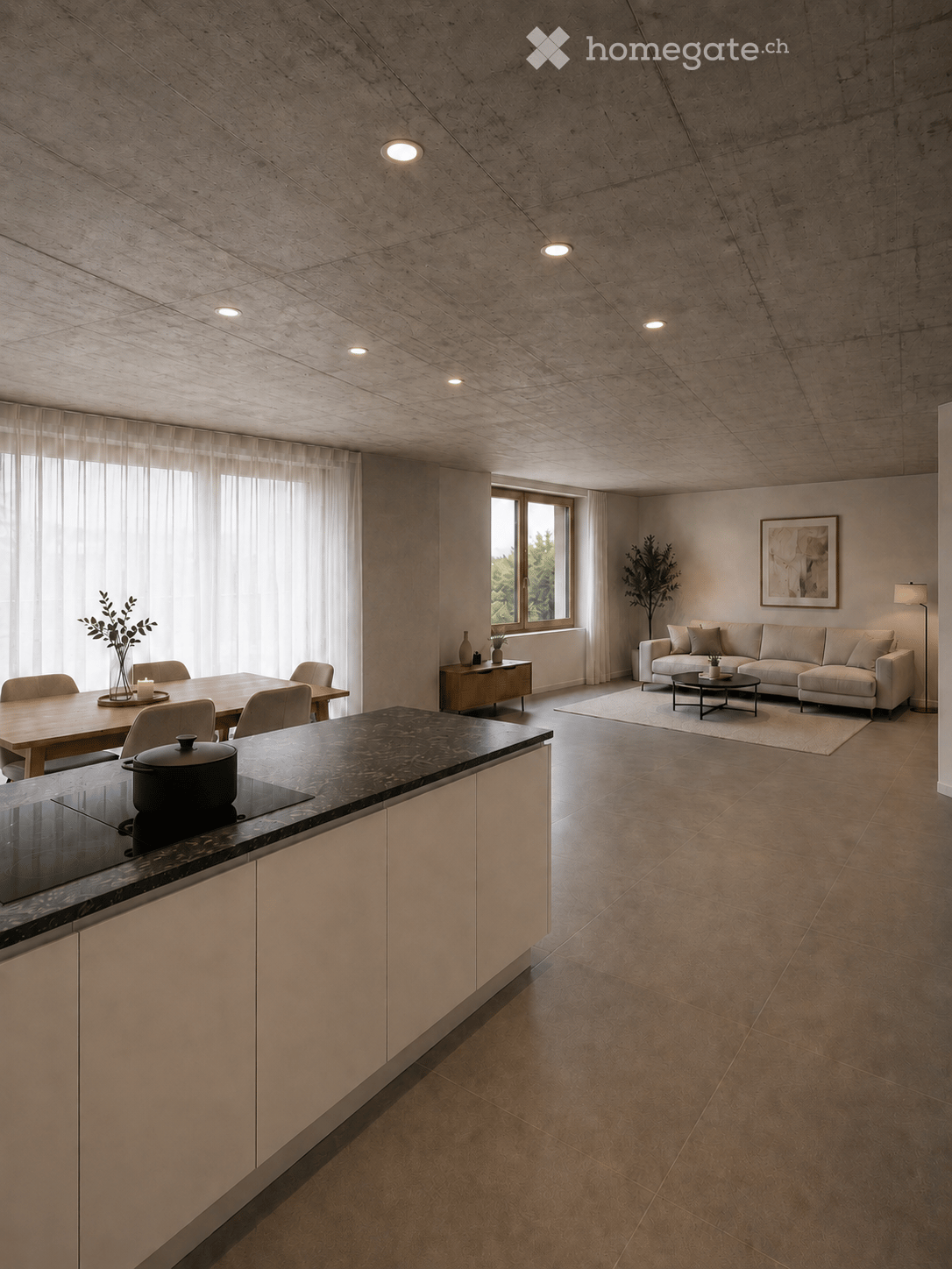 Open-plan living and dining area with modern furniture, large windows, and a kitchen island.