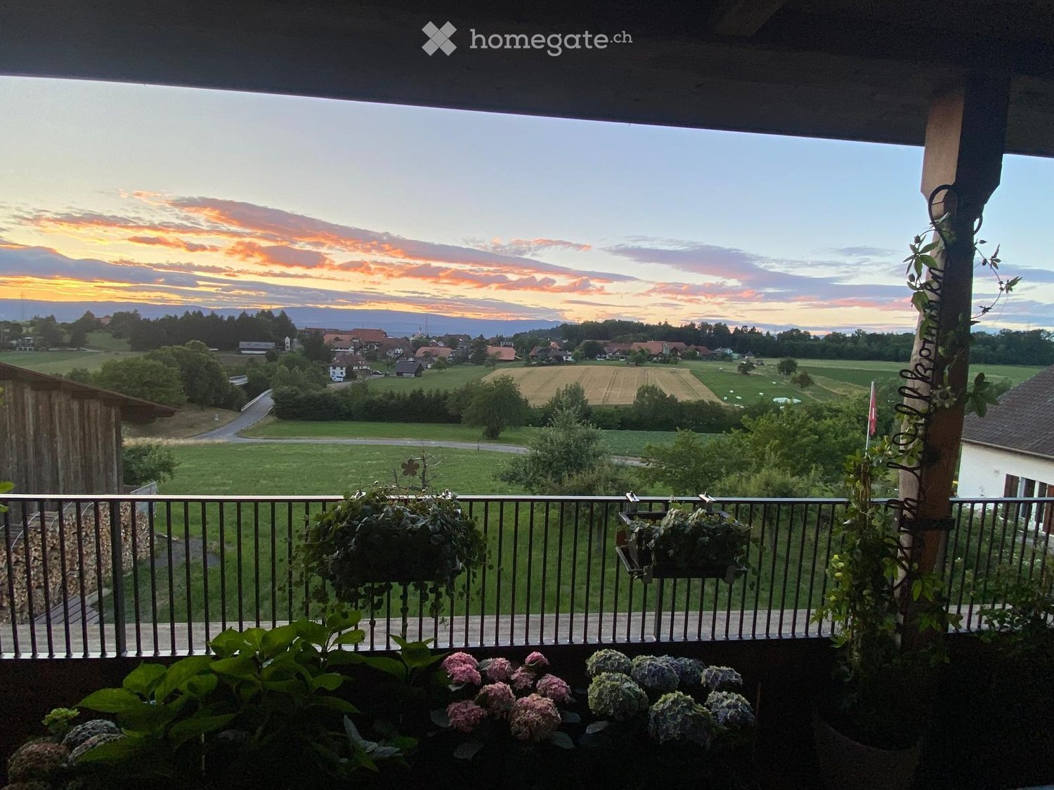 Balcony / Terrace. Balcony with metal railing, potted plants, and a scenic view of a countryside landscape at sunset.