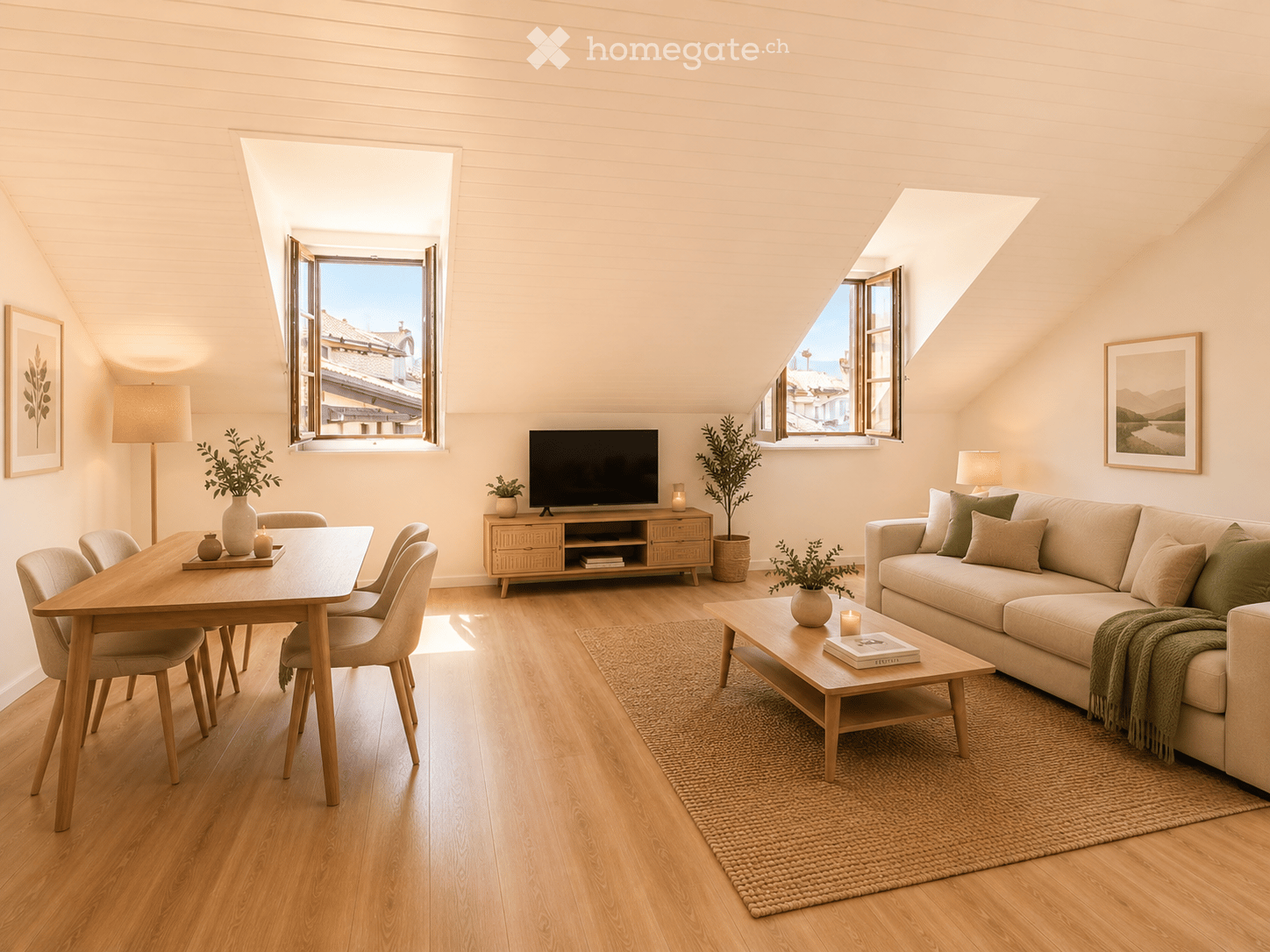 Bright living room with wooden flooring, large windows, a sofa, coffee table, dining table, chairs, TV, lamps, and decorative vases.