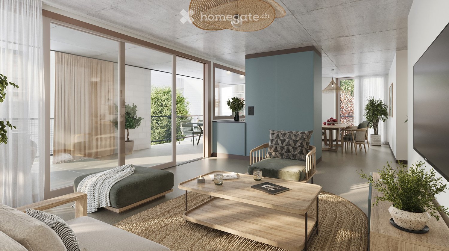 Modern living room with large windows, a sofa, coffee table, dining area, and decorative plants.