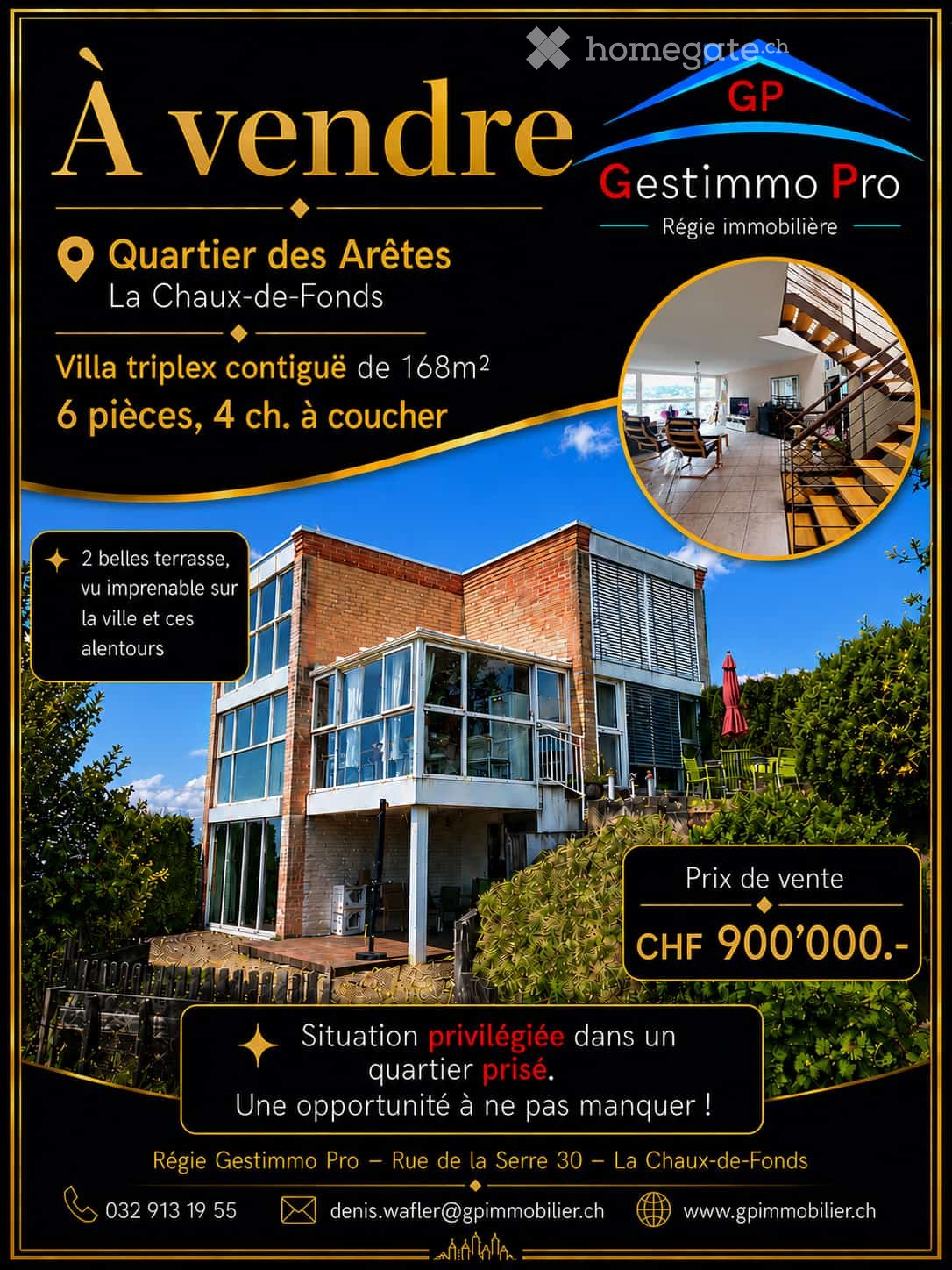 Promotional poster for a triplex villa in La Chaux-de-Fonds, featuring a modern exterior with large windows, balconies, and outdoor seating areas.