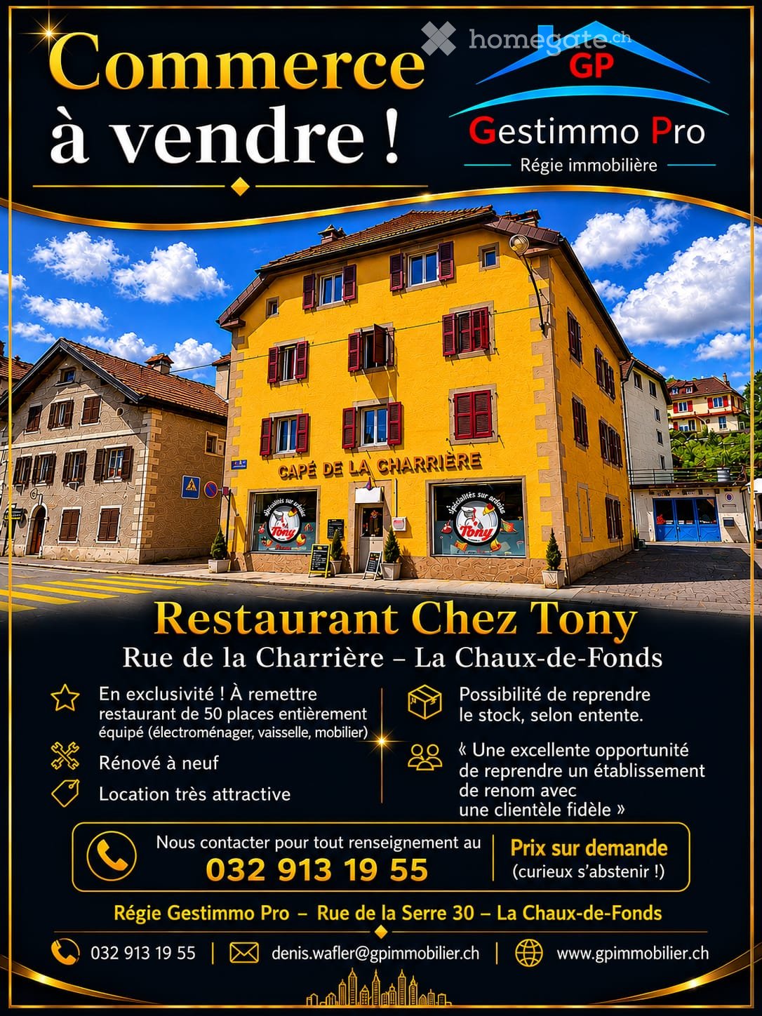 Promotional poster for a commercial property sale featuring a yellow restaurant building with red shutters and signage for "Café de la Charrière" and "Restaurant Chez Tony" in La Chaux-de-Fonds.