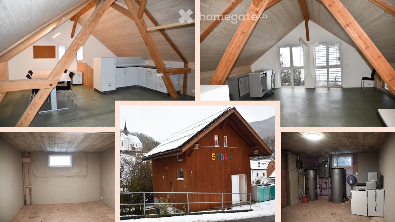 Collage of images showing an attic space with wooden beams, a kitchen area, a utility room, and an exterior view of a wooden house labeled "STÖRY" with a balcony and surrounding landscape.