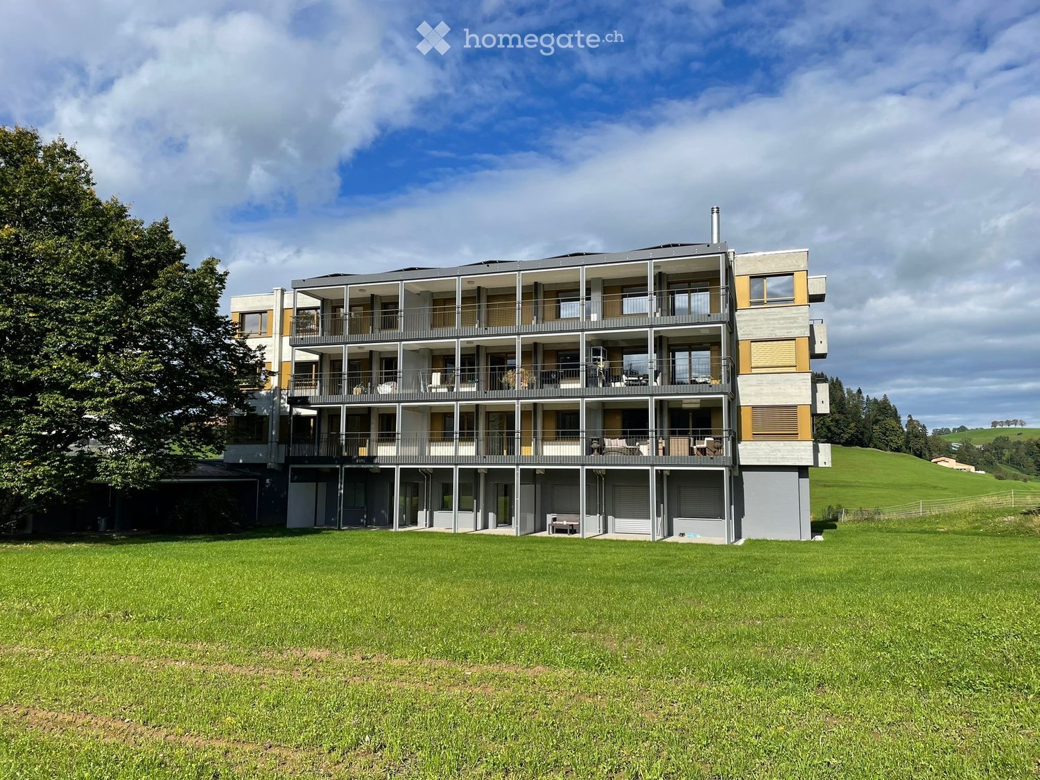 modern apartment building, 3 floors, multiple balconies, large green field in front