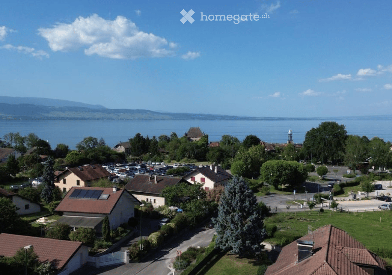 Aerial view of a suburban area with houses, parking lot, trees, and a scenic lake and mountain view in the background.