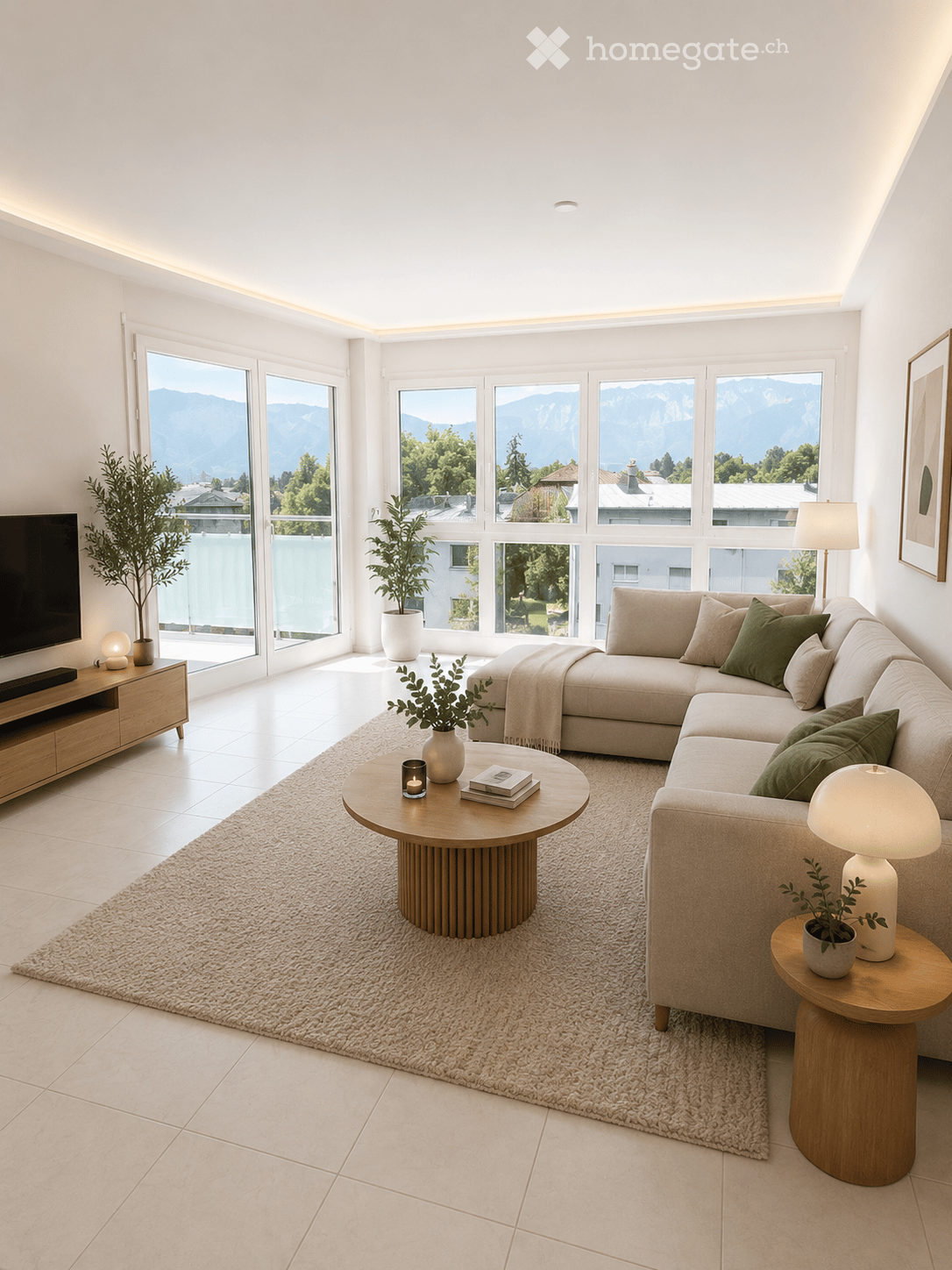 Modern living room with large windows offering a scenic mountain view, featuring a beige sectional sofa, a round wooden coffee table, side tables, floor and table lamps, a television, and decorative plants.