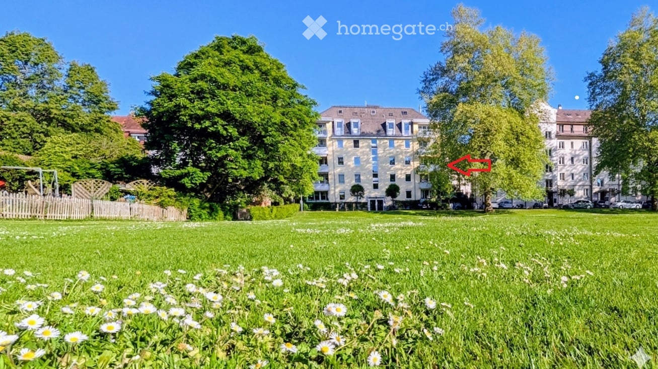 A well-maintained park area with green grass, white daisies, and trees, with a multi-story residential building in the background.