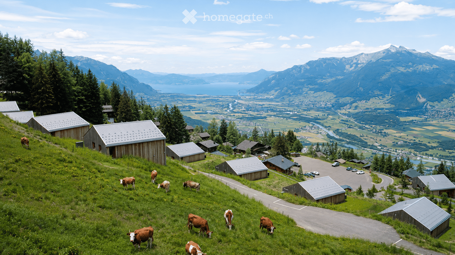 A scenic view of a rural area with cows grazing on a green hillside, surrounded by wooden barns and a winding road, with a vast valley and mountain range in the background.