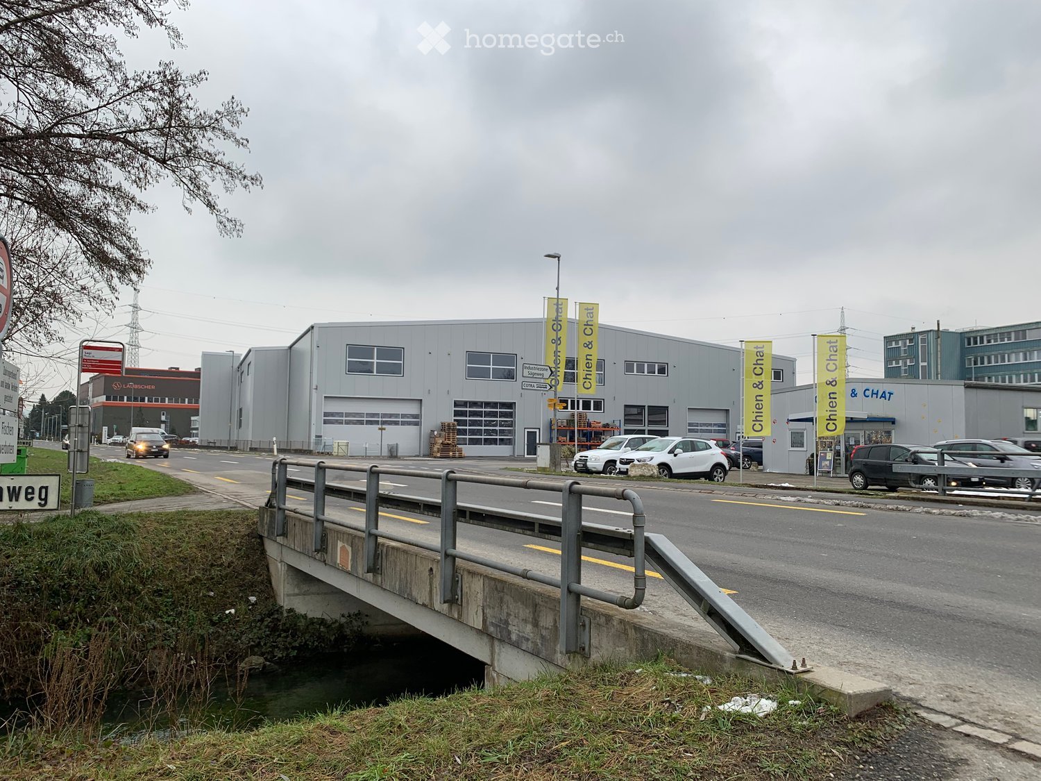 A modern industrial building with large garage doors, signage for 'Chien & Chat', and several parked cars in front.