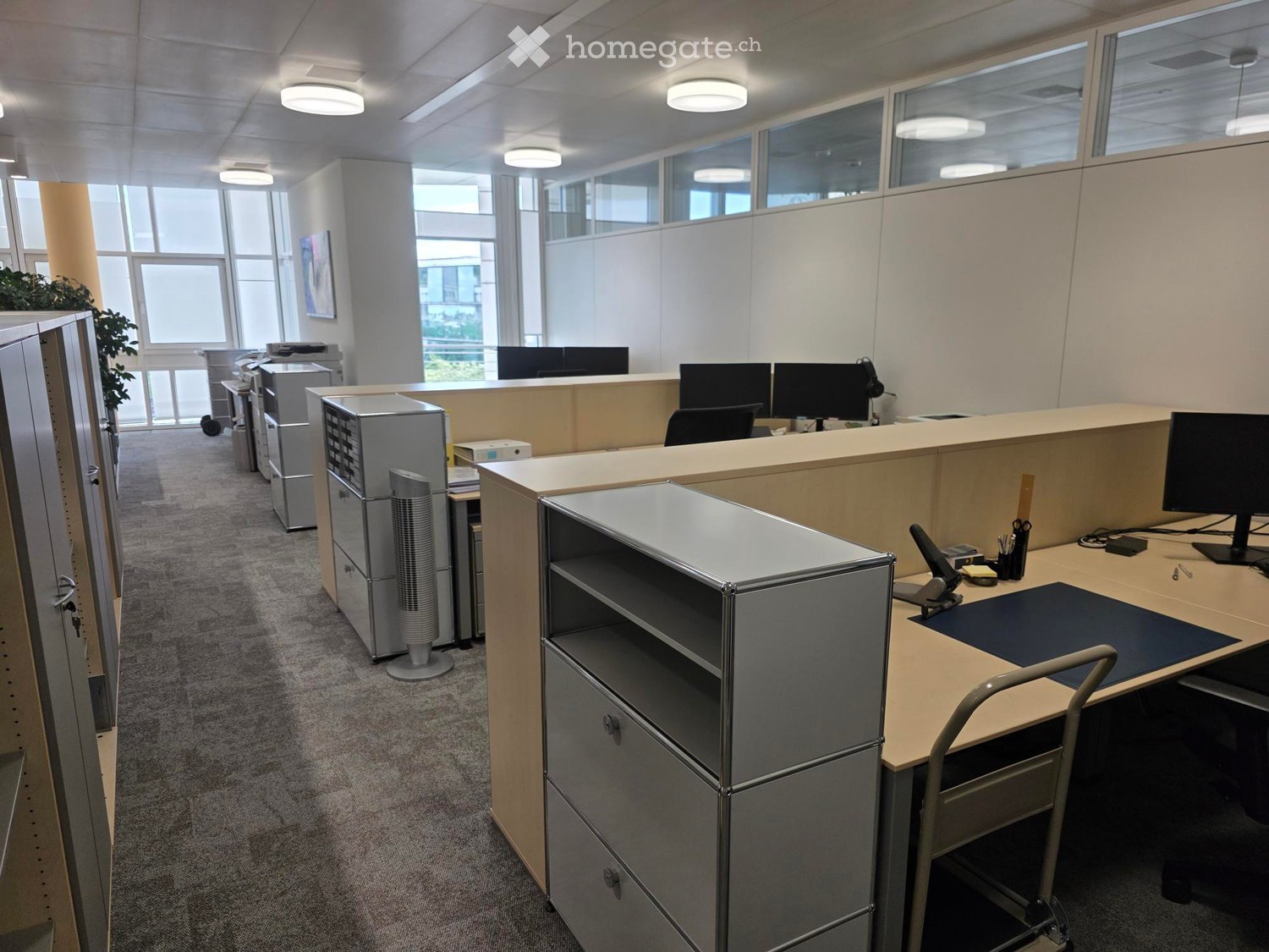 Modern office space with desks, chairs, computer monitors, cabinets, and a fan. Large windows provide natural light, and there is a plant in the corner.