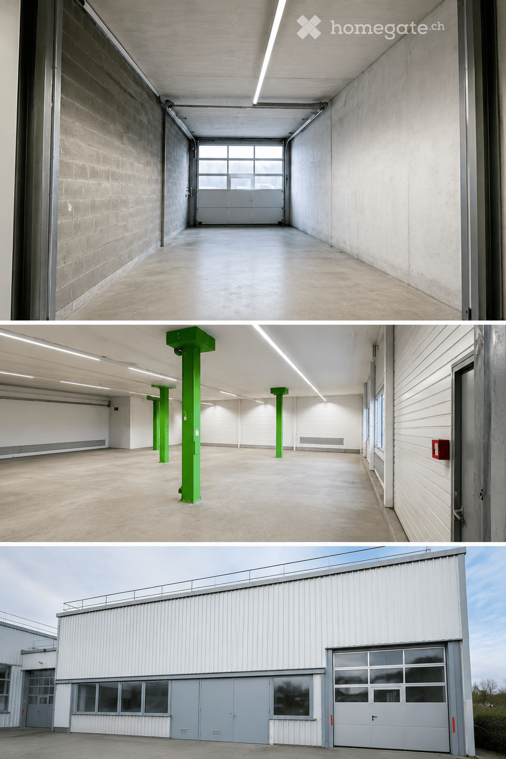 Three images showing an industrial building with large garage doors, concrete floors, and green structural pillars inside. The exterior features a modern, metallic facade with multiple garage doors and windows.