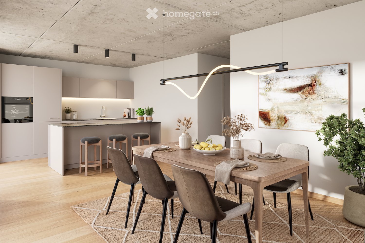 Modern open-plan kitchen and dining area with light-colored cabinets, a wooden dining table, grey chairs, and bar stools. The space features a sleek kitchen island, pendant lighting, and decorative vases with dried flowers.