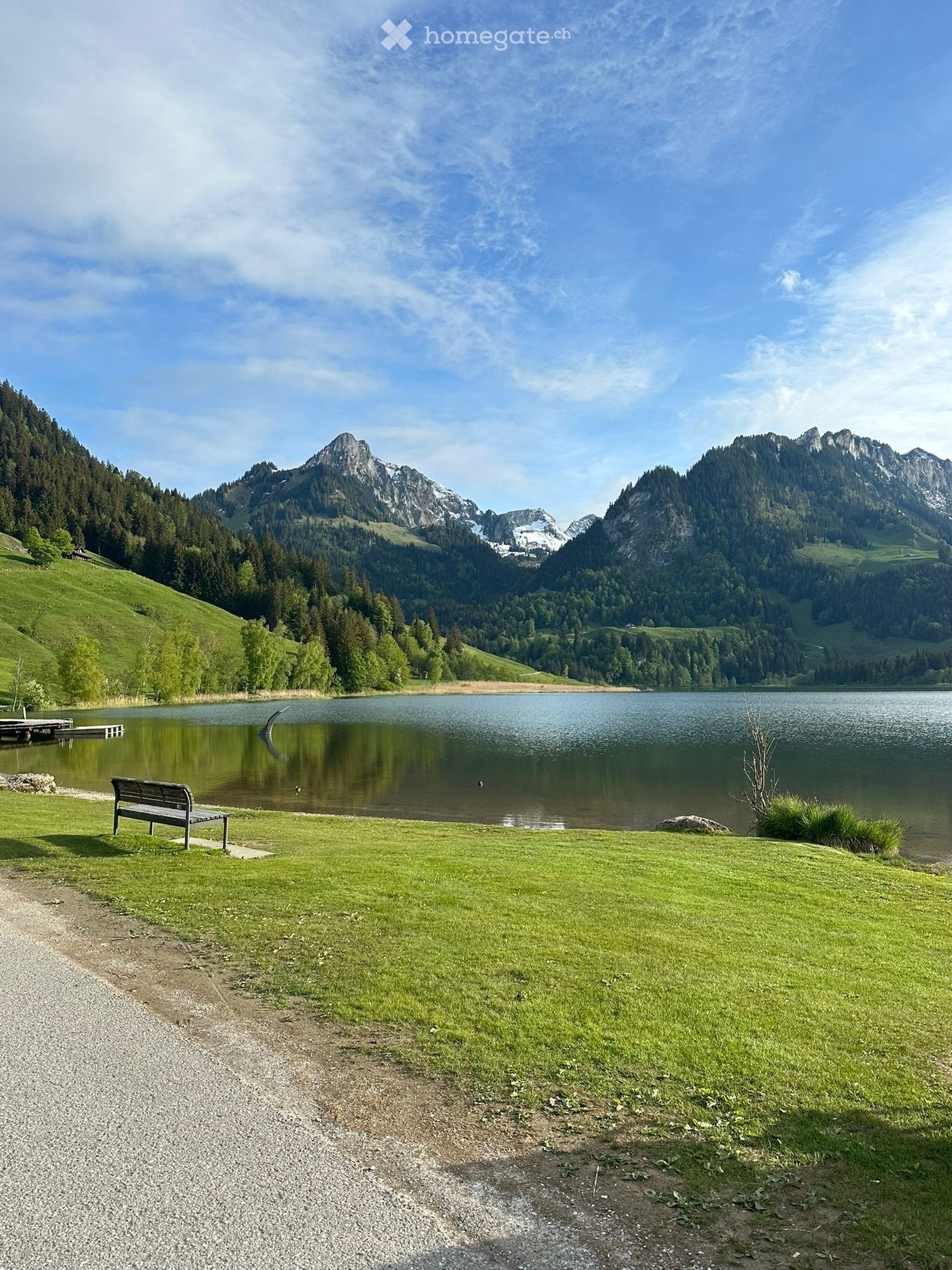 A serene lakeside scene with a wooden bench, calm lake, and mountain backdrop.
