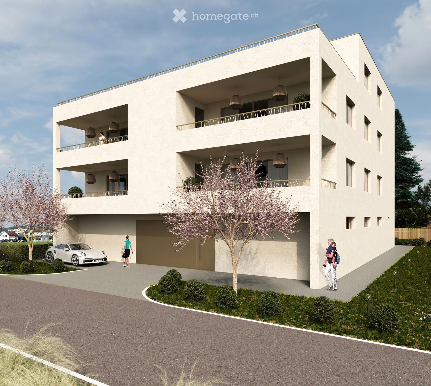 Multi-storey building with 3 floors, each floor has balcony, white walls, 1 garage in the front, a car is parked