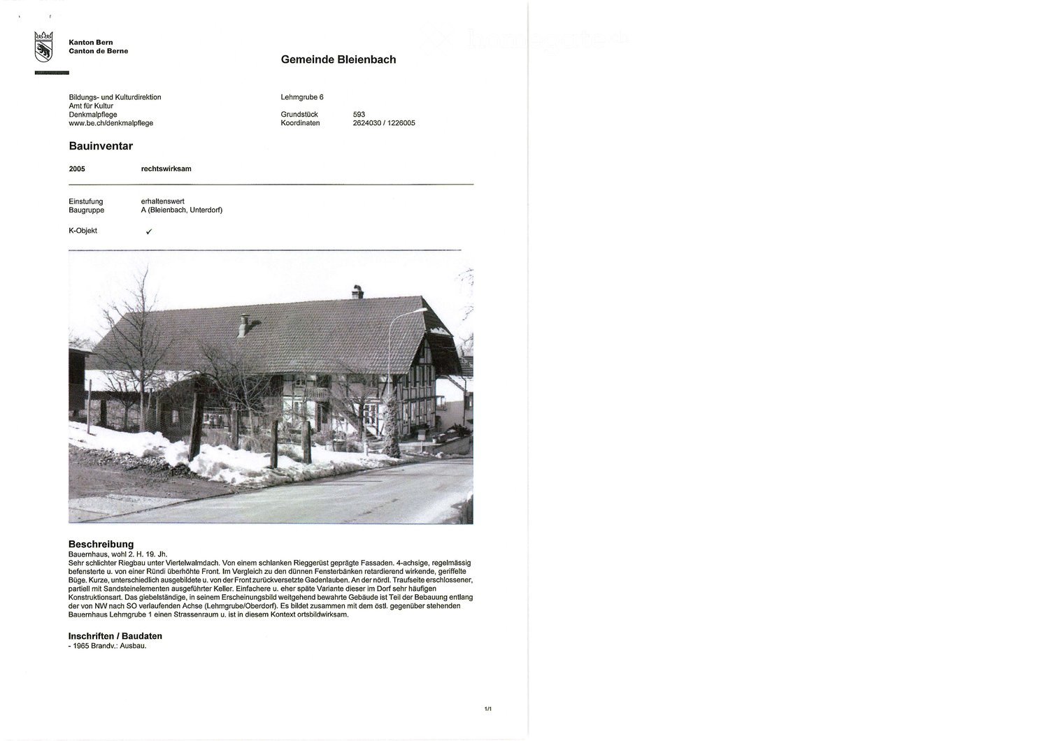 Document page showing a historical building inventory for Gemeinde Bleienbach, including a photograph of a traditional Swiss farmhouse with a tiled roof, chimney, and surrounding trees.