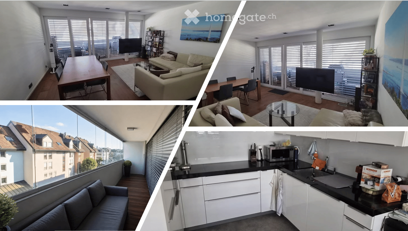 Modern apartment with large windows offering a city view, featuring a living room with a sofa, coffee table, dining area with a table and chairs, and a kitchen with white cabinets and a microwave.