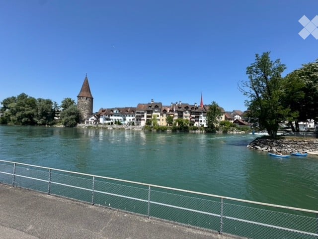 Scenic riverside view with historic buildings, a tower, and a small boat on calm water.