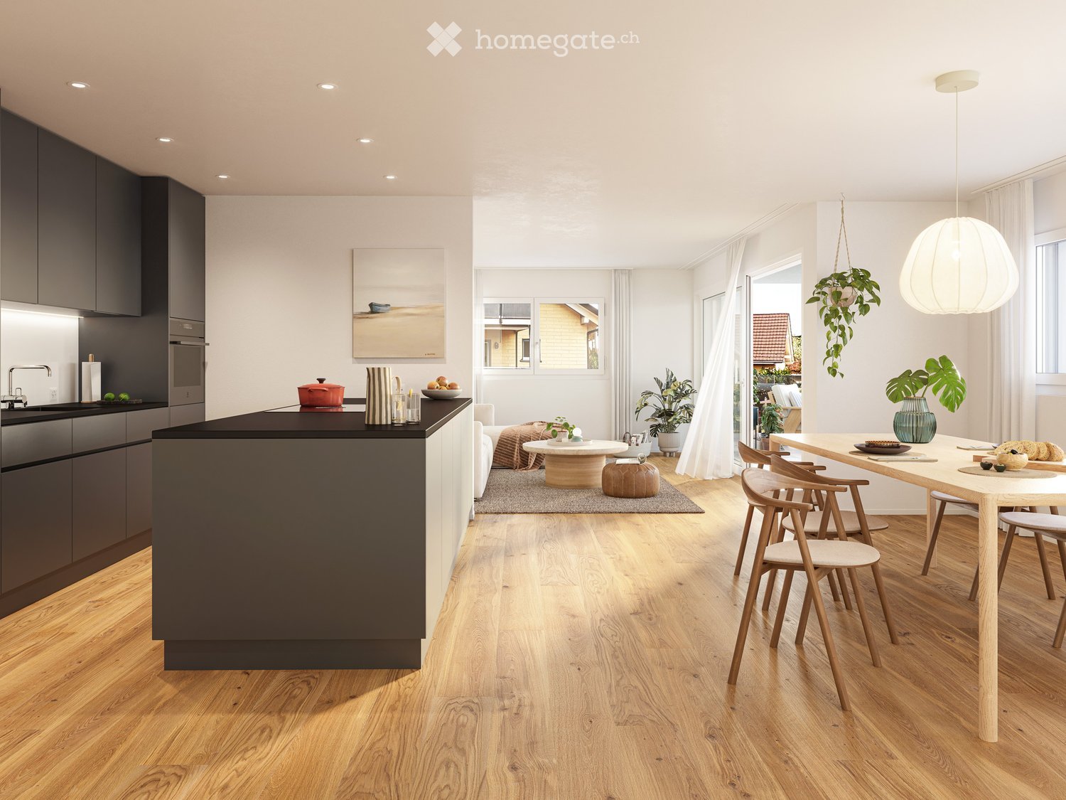 Modern kitchen and dining area with dark cabinets, a central island, and a dining table with chairs. Features pendant lighting, a hanging plant, and a painting on the wall.