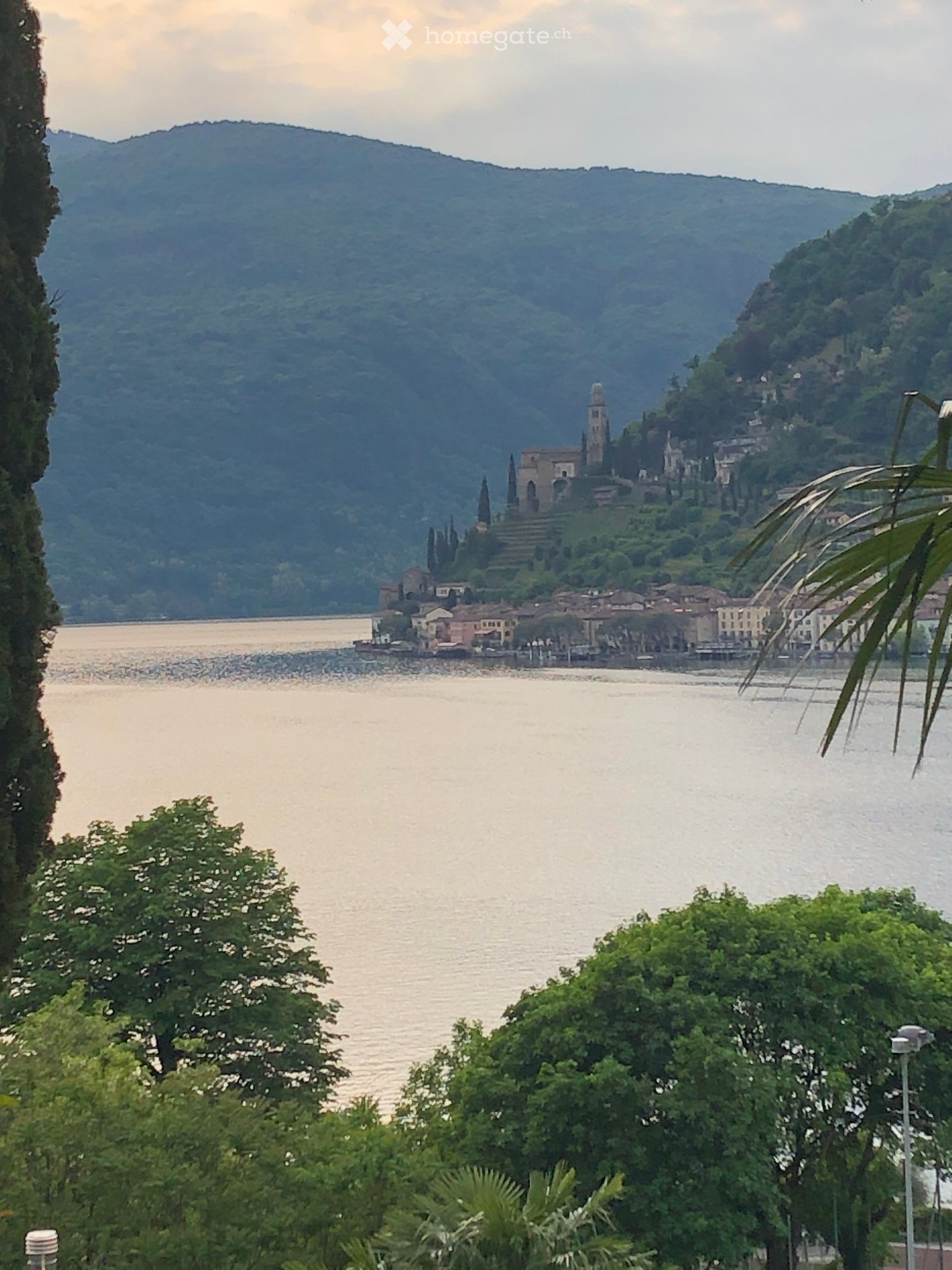 Scenic view of a lake with a town and hillside in the background, surrounded by trees and greenery.