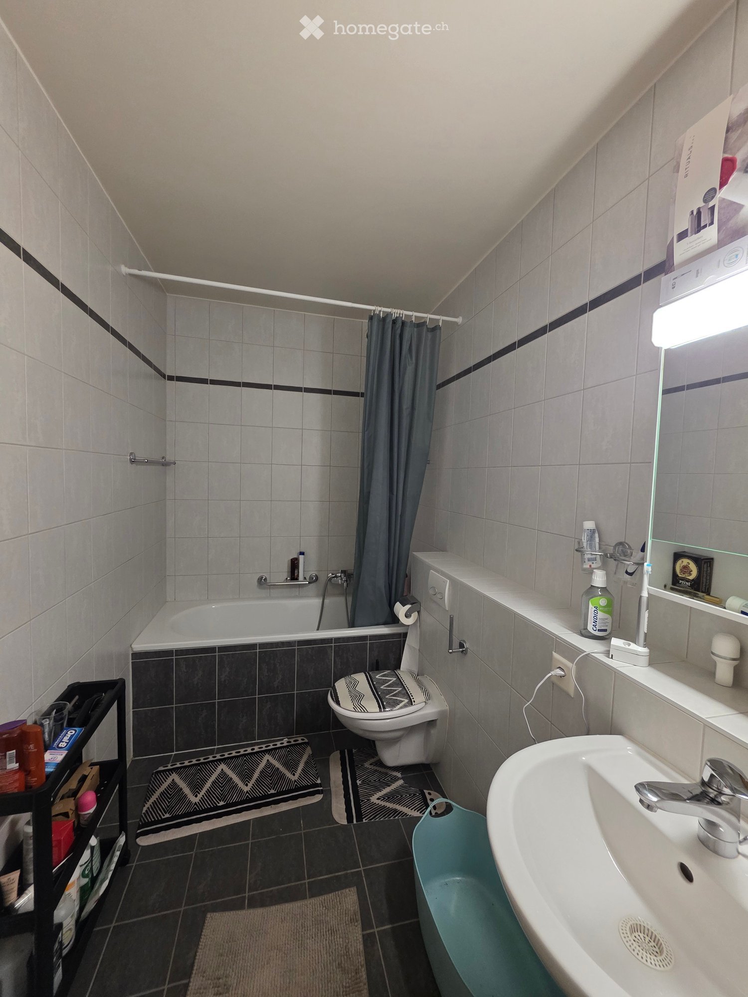 Bathroom with a bathtub, toilet, sink, mirror, and various toiletries. Features a shower curtain, shelves, and a small rug.