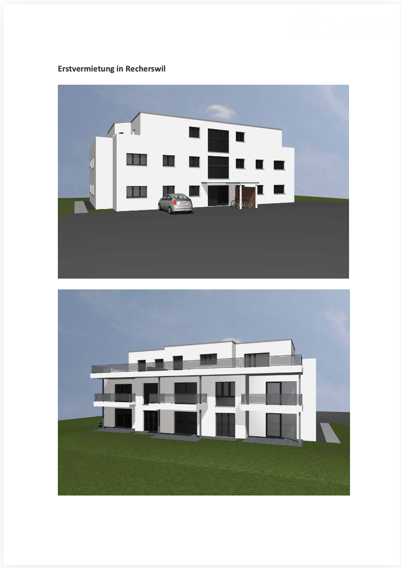 Modern two-story building with white facade, multiple windows, and a parking area in front.