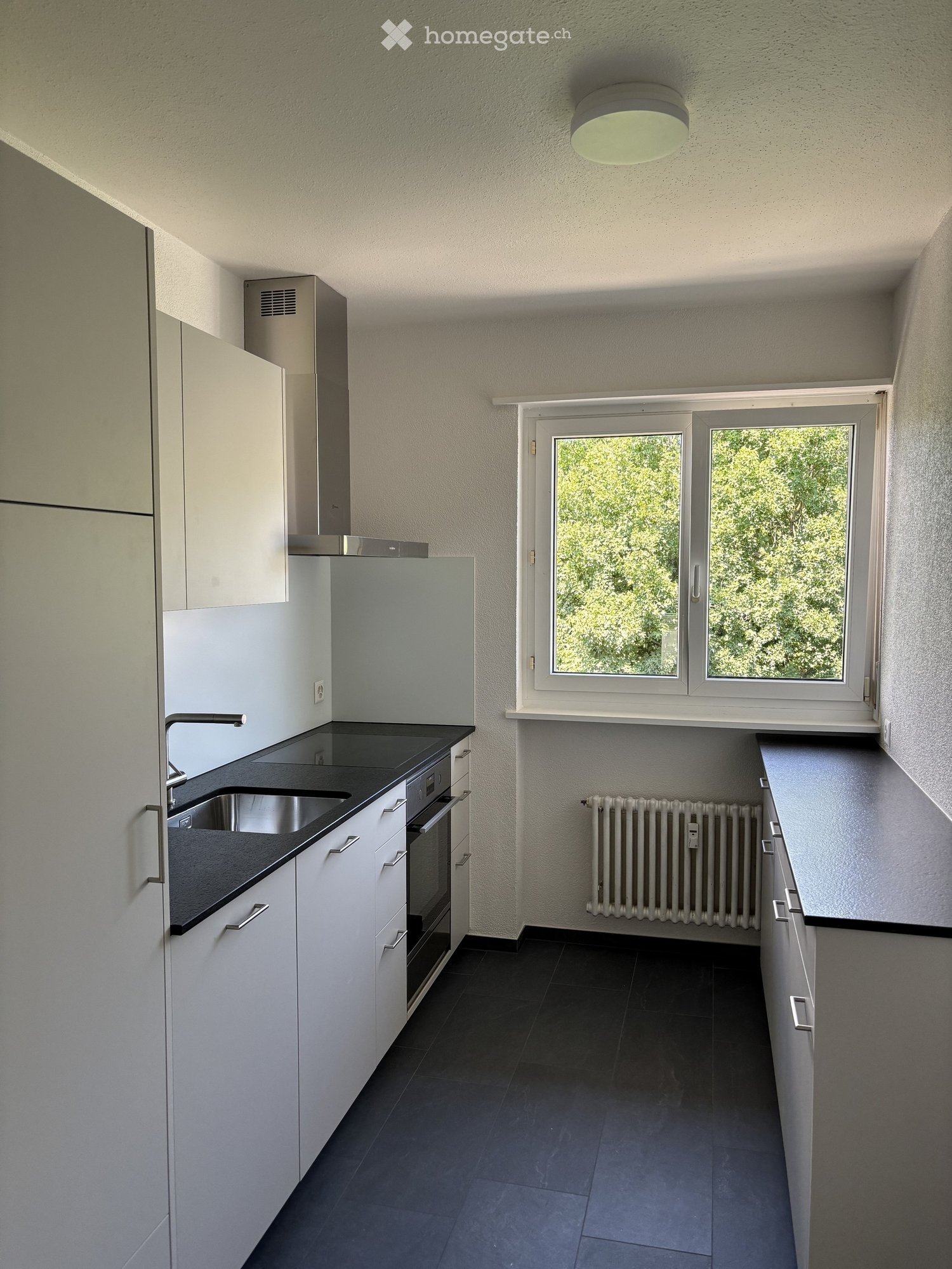 Modern kitchen with white cabinets, black countertop, stainless steel sink, oven, and radiator. Large window with view of greenery.
