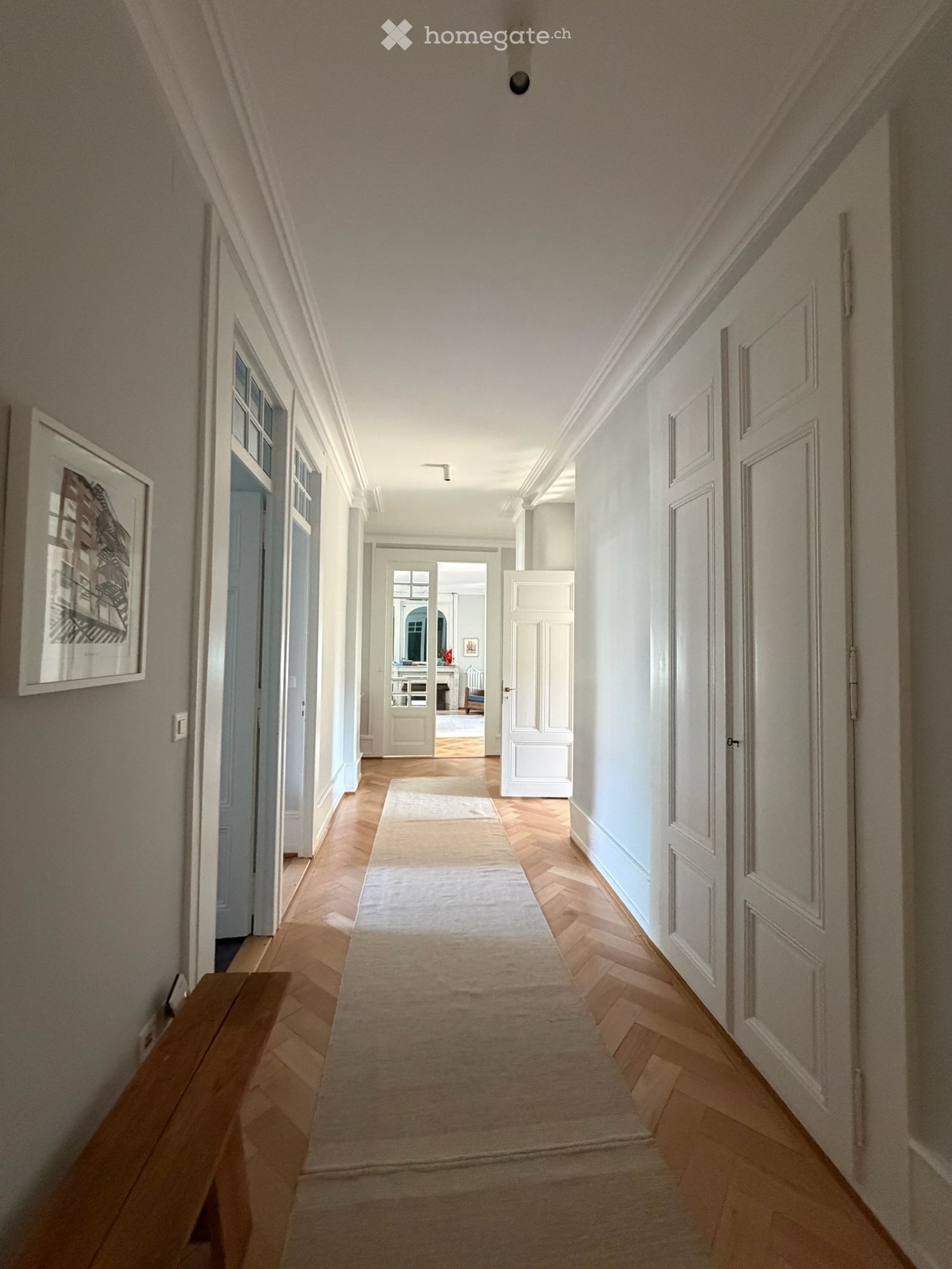 Elegant hallway with herringbone wooden flooring, white walls, and multiple doors leading to different rooms. A framed artwork is displayed on the left wall, and a small rug lies in the center of the hallway.