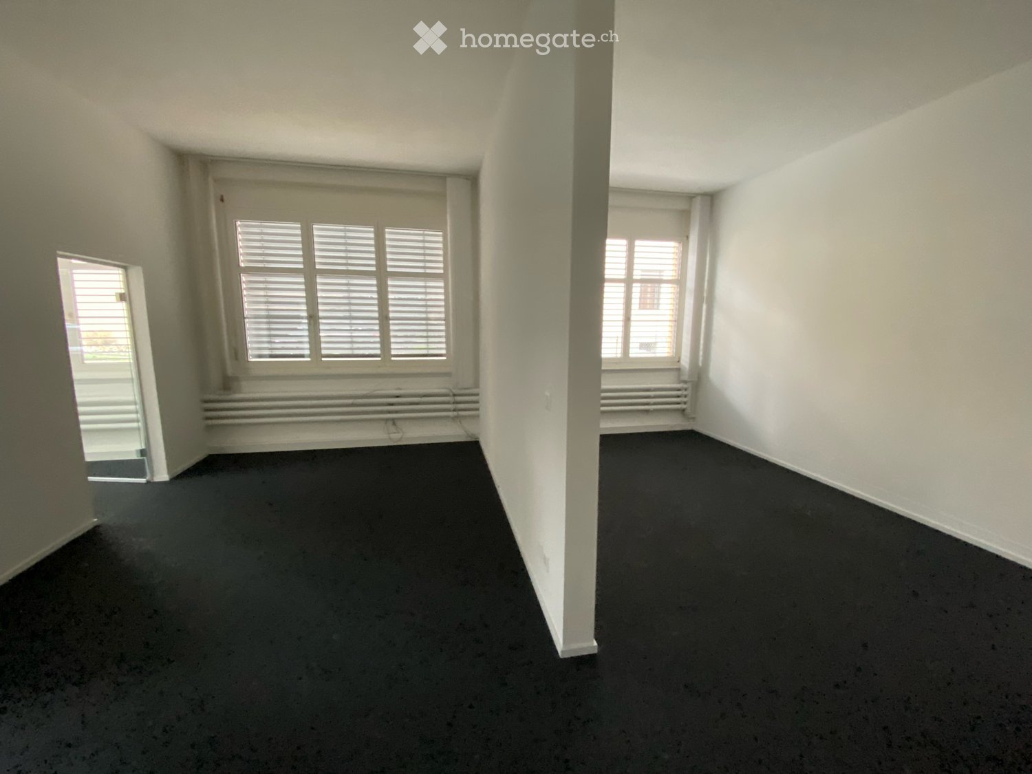 Empty room with white walls, dark carpet, large windows with blinds, and a radiator under one window.