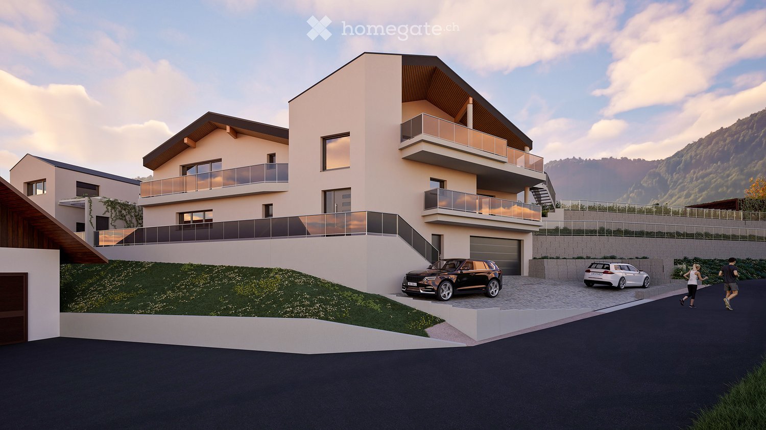 Modern two-story residential building with balconies, garage, and surrounding greenery.