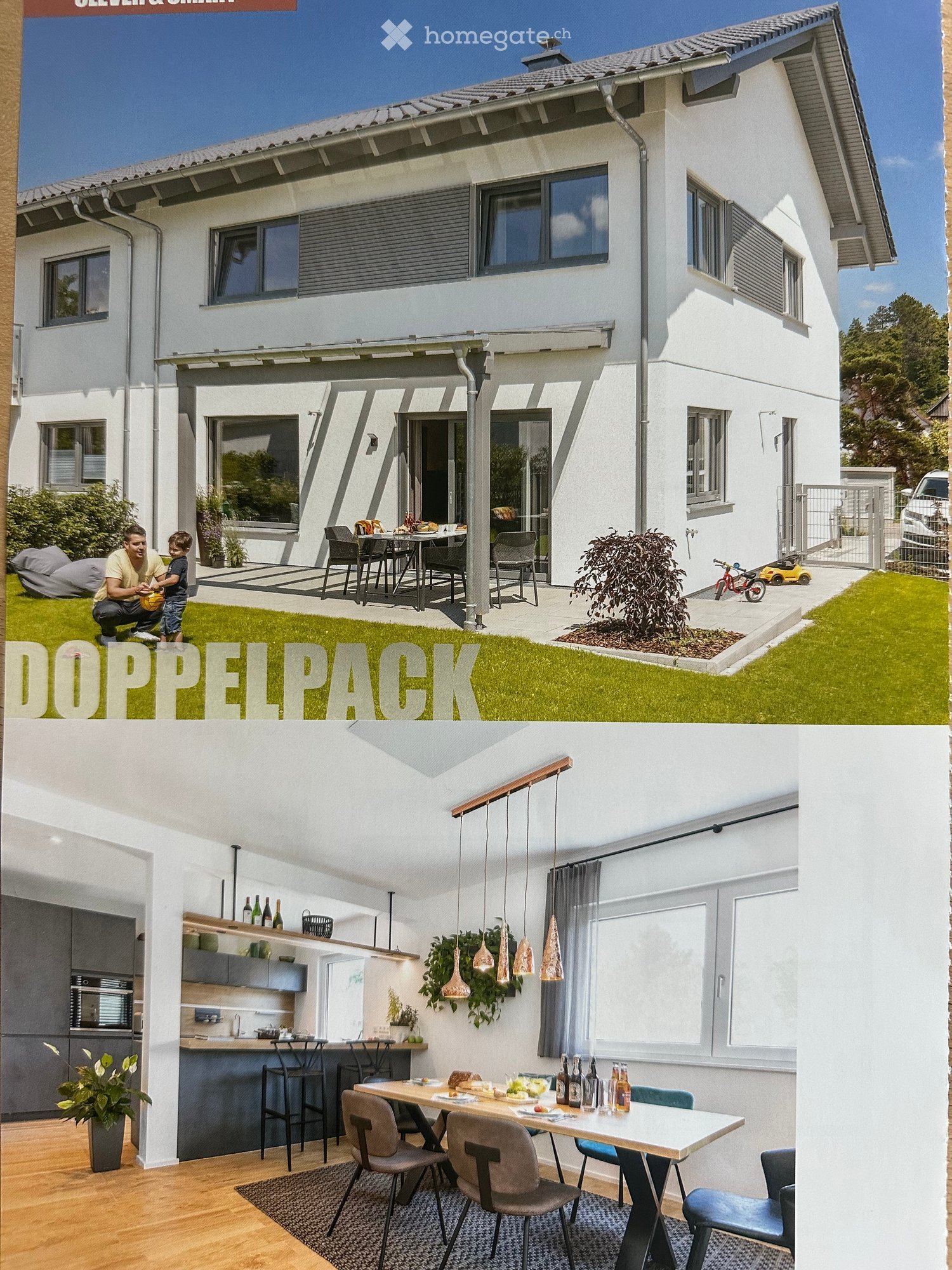 modern two story house, white exterior, large windows, covered terrace, outdoor dining area, garage, grassy lawn