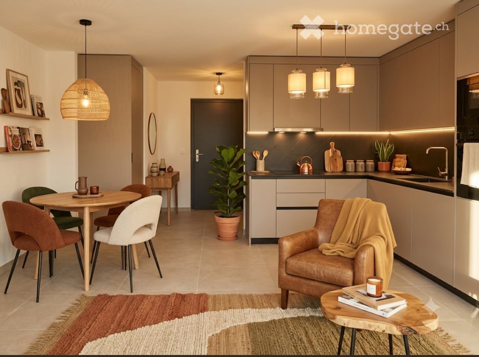 Open-plan living and dining area with modern furniture, including a leather sofa, coffee table, dining table with chairs, and a well-equipped kitchen with pendant lights and various appliances.
