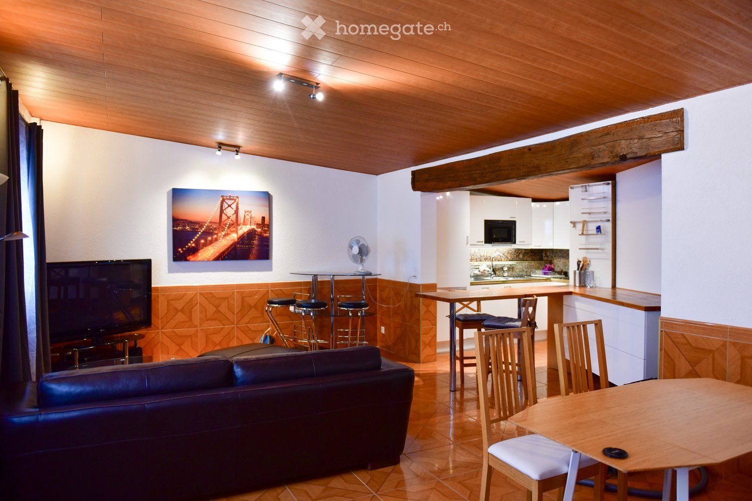 Open living room, sofa, wooden dining table, kitchen island, dining chairs, TV, painting on wall, ceiling light, fan