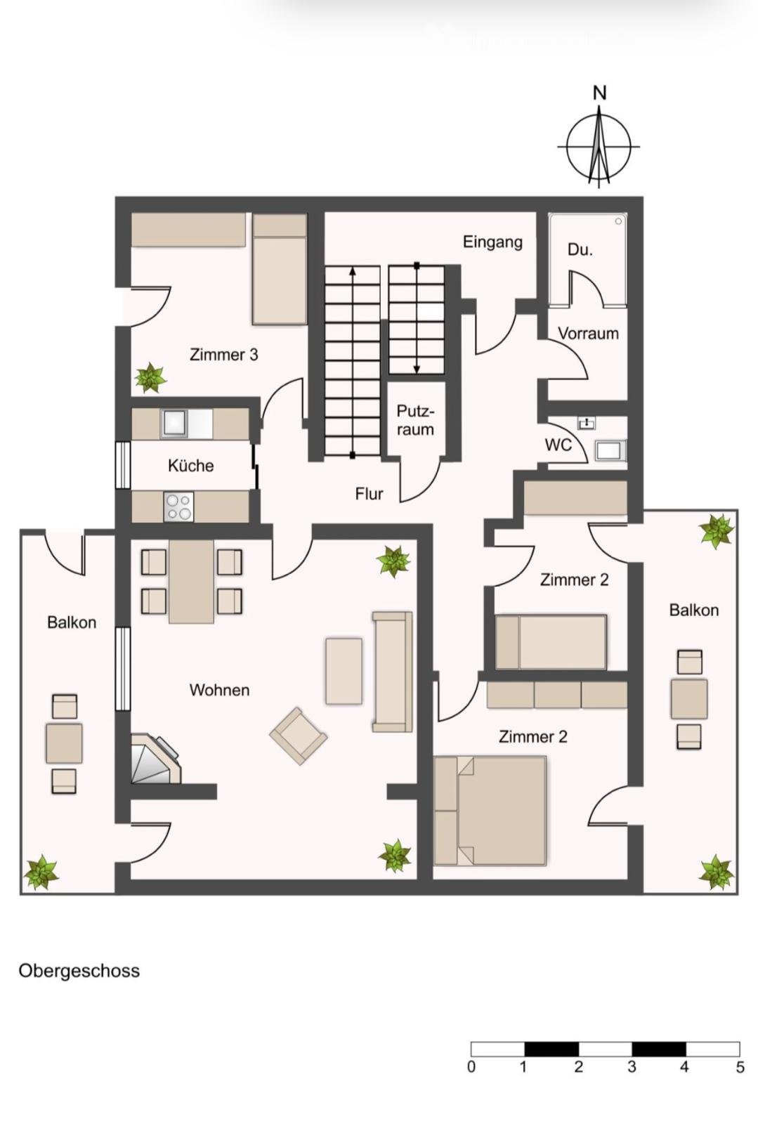 Layout of a top-floor apartment with living area, kitchen, three bedrooms, bathroom, entrance hall, storage room, and two balconies.