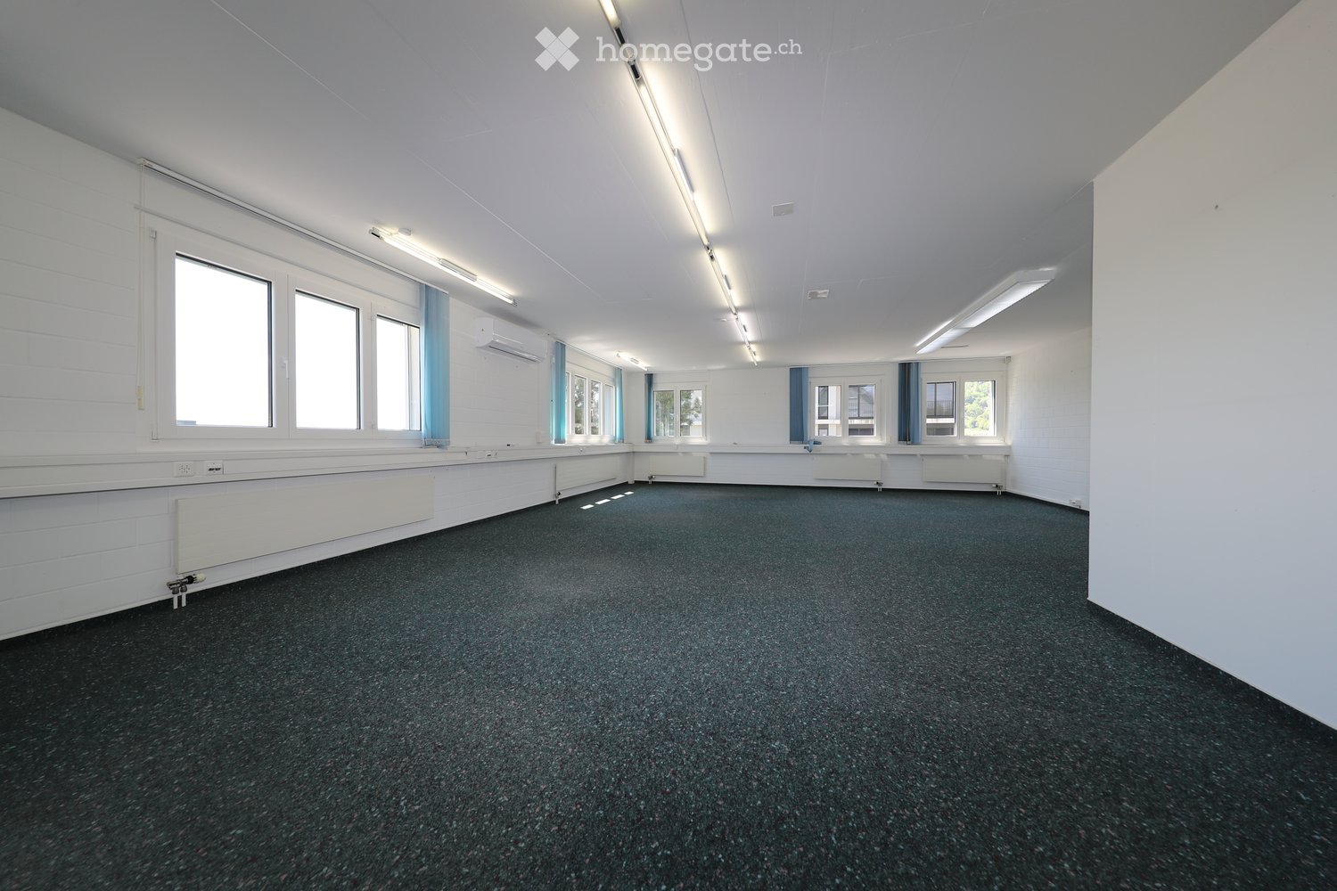 Empty room with white walls, carpeted floor, large windows with blue curtains, and built-in radiators along the walls.