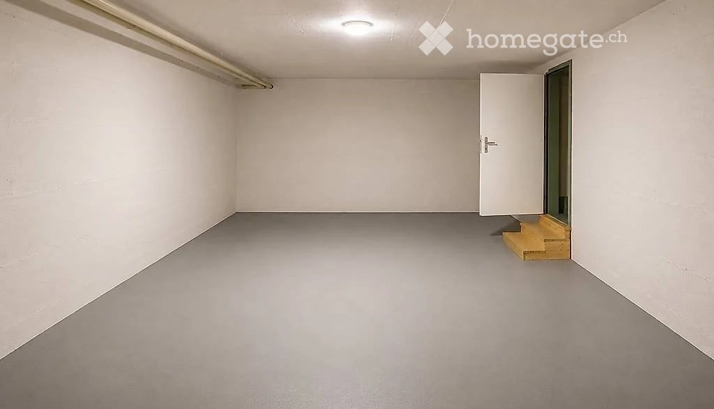 Empty room with white walls, grey floor, a closed door, and a small wooden step leading to another area.