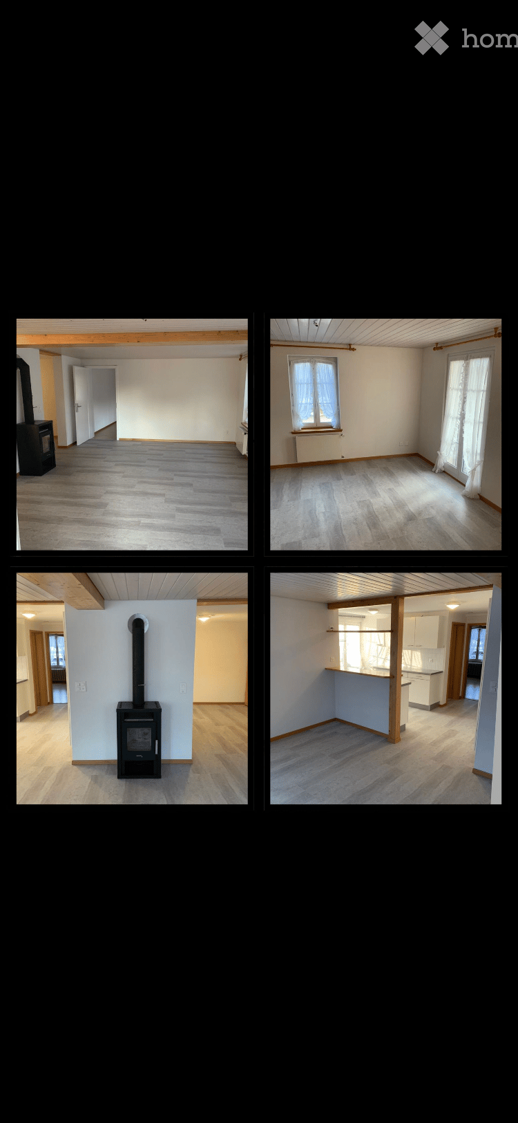 Four images showing unfurnished rooms with wooden flooring, white walls, and minimal furnishings. The rooms include a living space, a bedroom, a kitchen area, and a hallway.