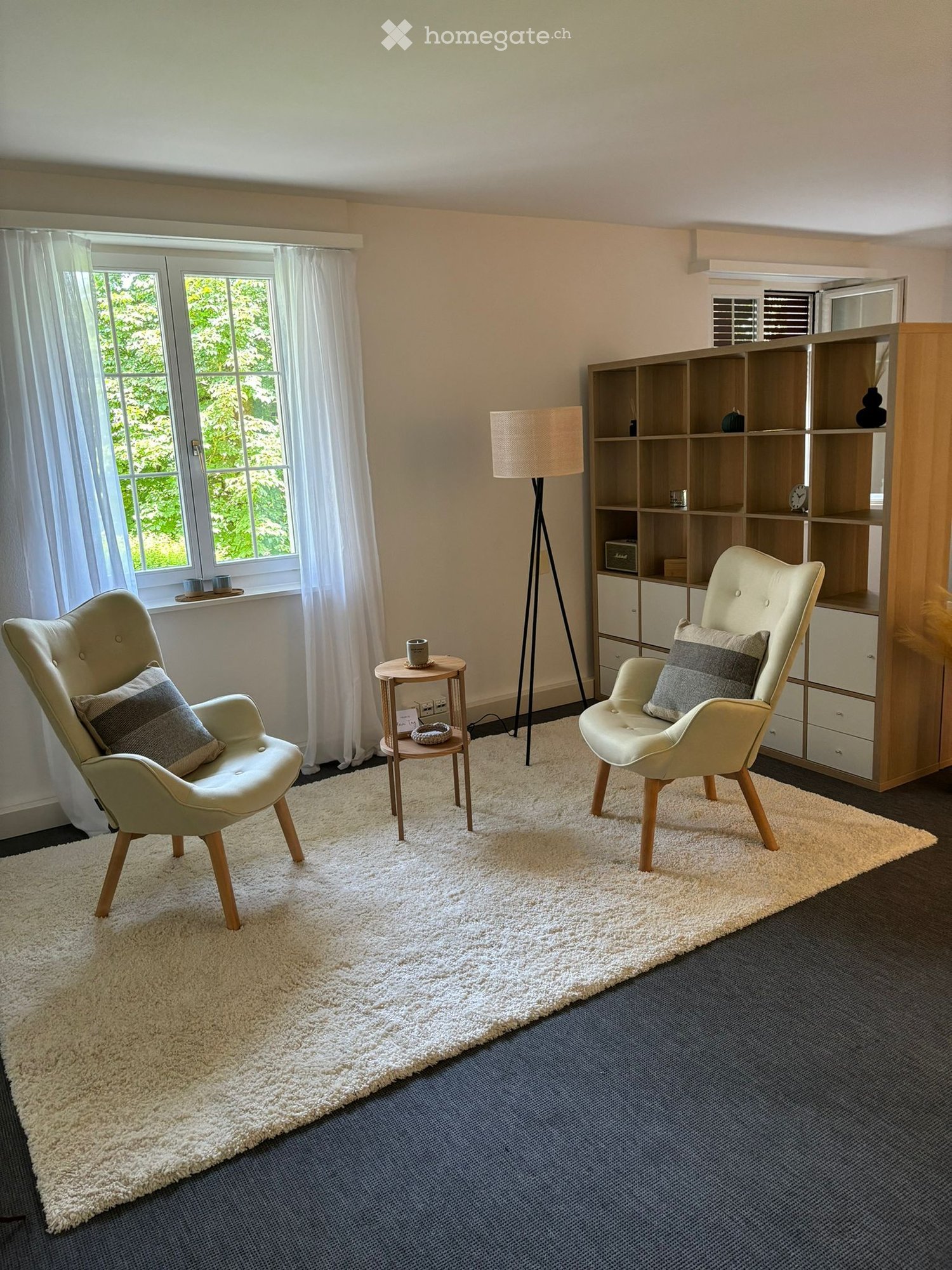 Modern living room with two light-colored armchairs, a small wooden side table, a large bookshelf, and a floor lamp. The room features a plush white rug on a dark carpeted floor and large windows with white curtains.