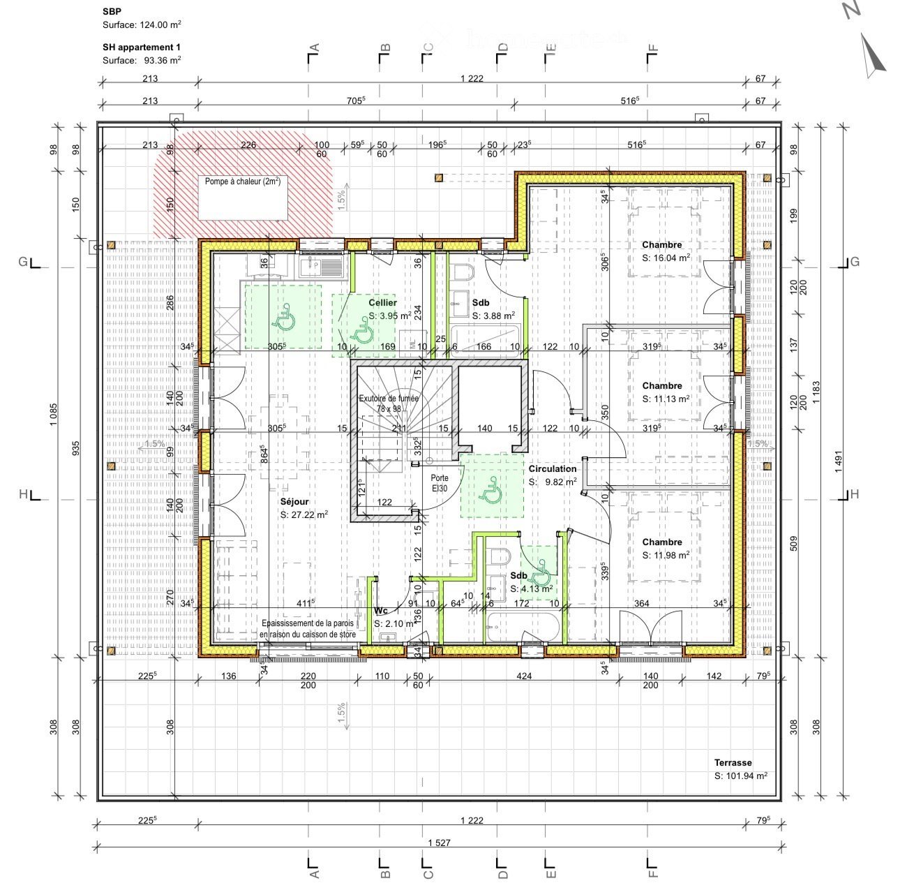 Floor plan of an apartment with labeled rooms including living area, bedrooms, bathrooms, storage, and terrace. Dimensions and measurements are provided for each space.
