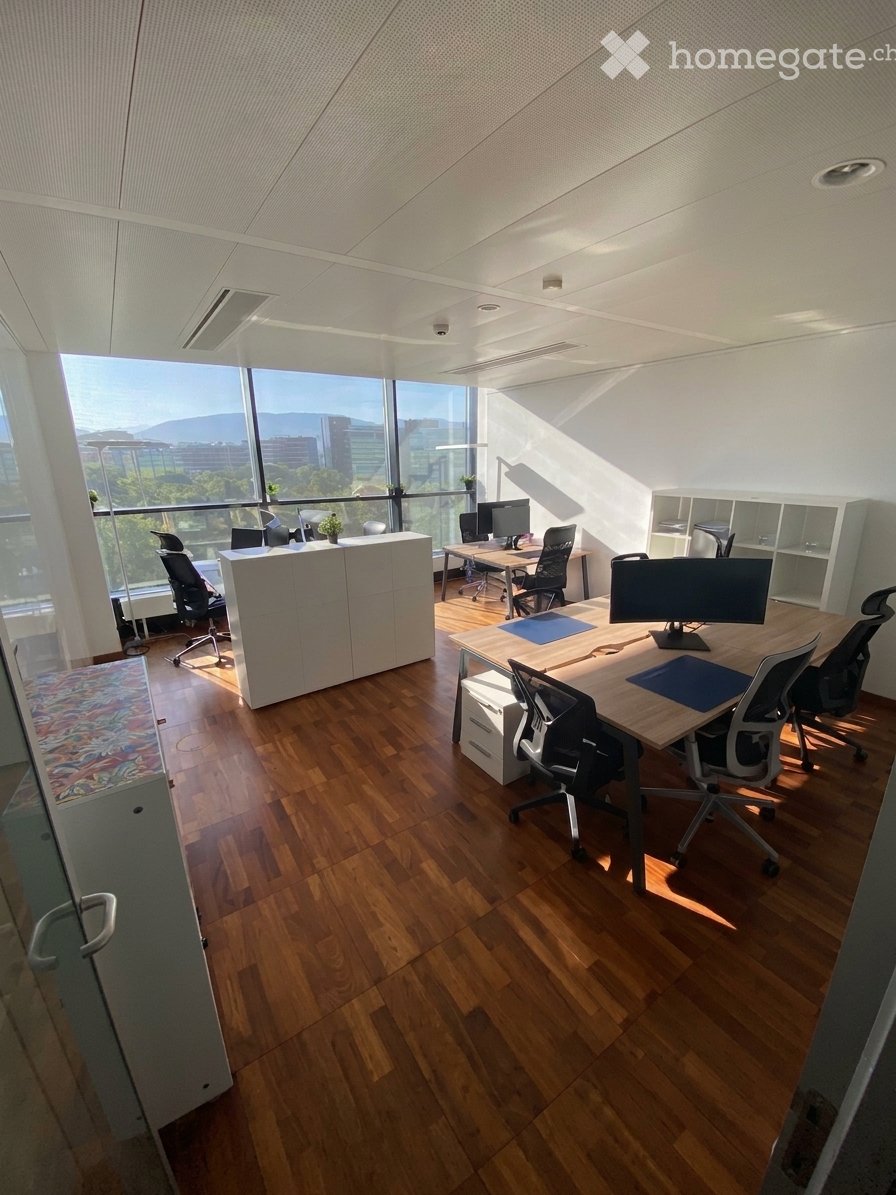 Modern office space with wooden flooring, large windows offering a city view, desks, chairs, computer monitors, and storage cabinets.