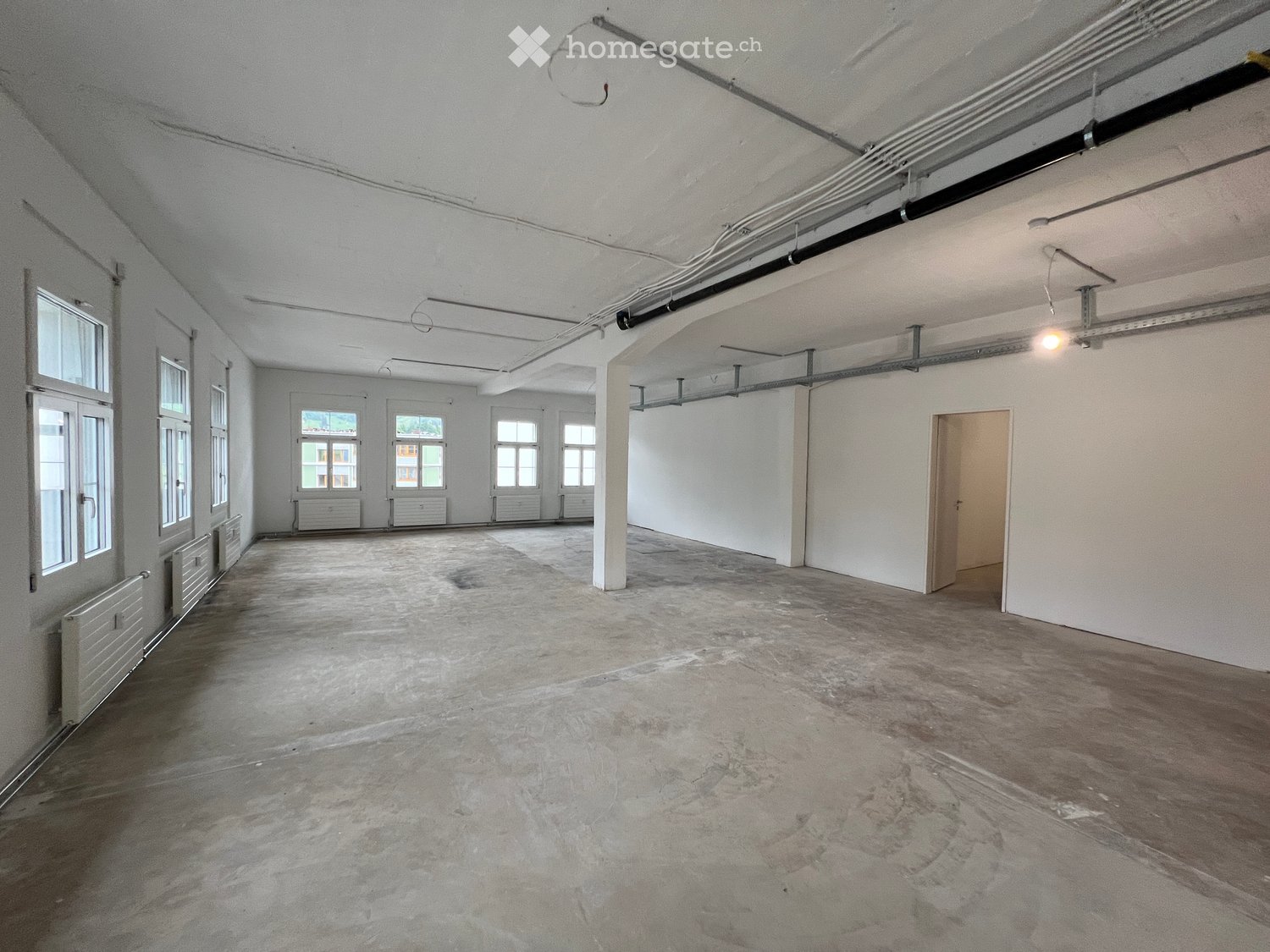 Empty room with bare walls, concrete floor, exposed pipes, and windows. No furniture or equipment present.