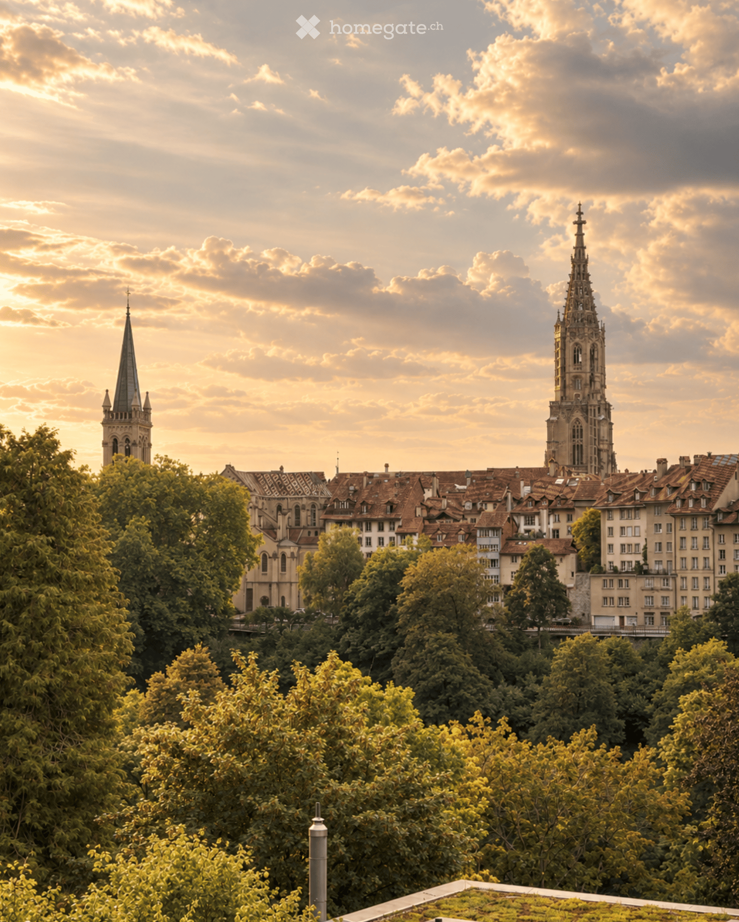 A panoramic view of a cityscape featuring multiple historic buildings with spires, surrounded by lush green trees and a partly cloudy sky during sunset.