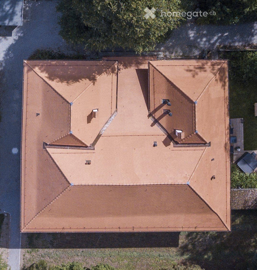 Aerial view of a house with a brown tiled roof, multiple chimneys, and surrounding greenery.