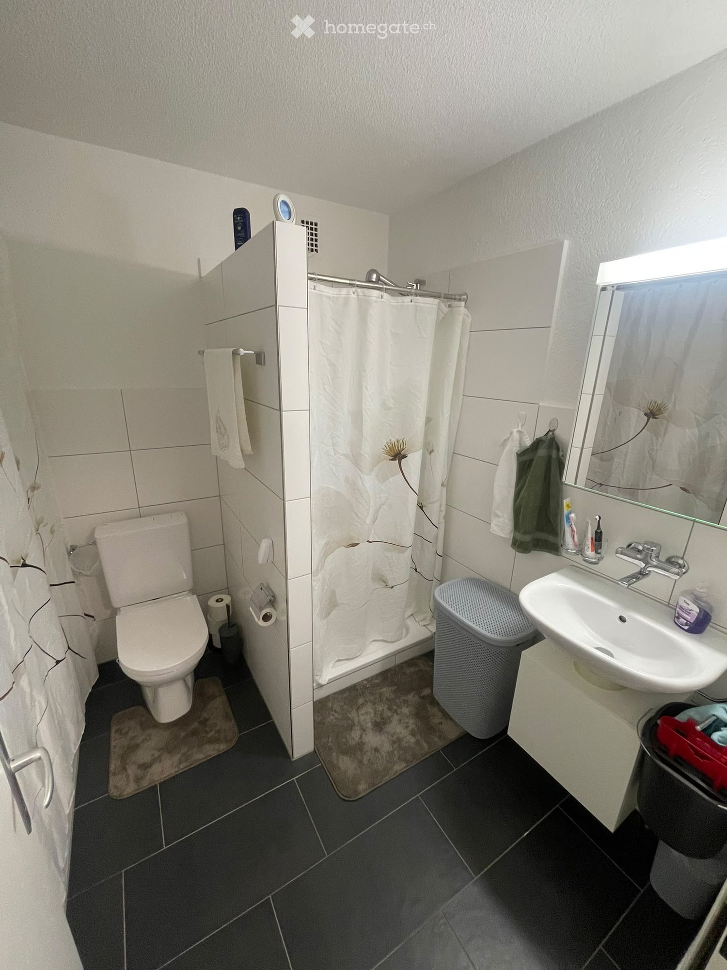 Modern bathroom with dark tiled floor, white walls, toilet, sink, mirror, shower curtain, towels, and a trash bin.