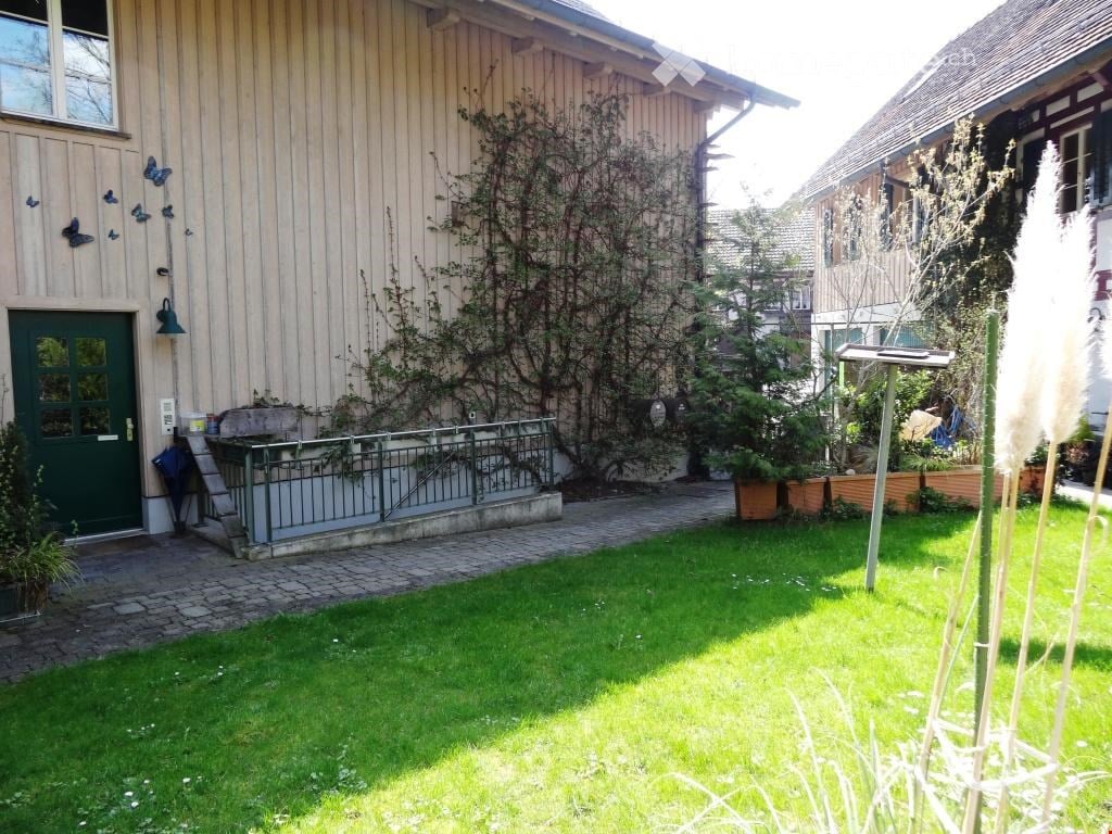 Garden area with green grass, small pathway, wooden house with green door, climbing plants, and decorative elements.