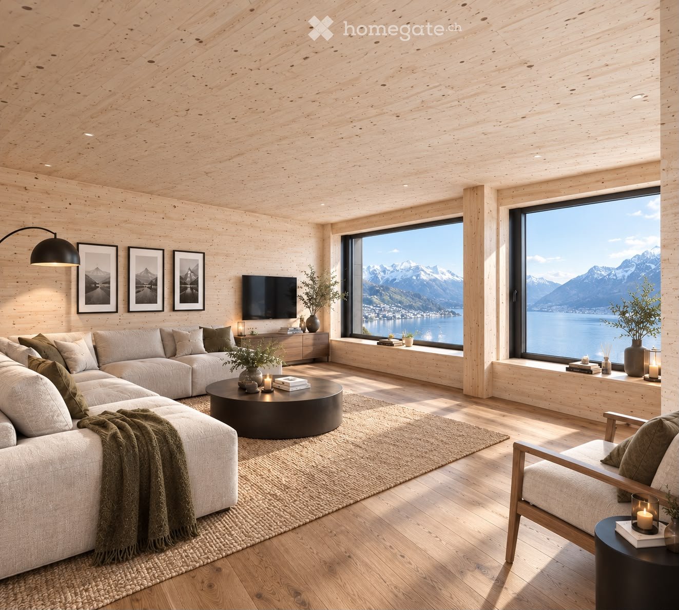 Modern living room with light wooden walls and ceiling, large windows offering a scenic mountain view, a sectional sofa, coffee table, armchair, floor lamp, television, side tables, vases, candles, and picture frames.