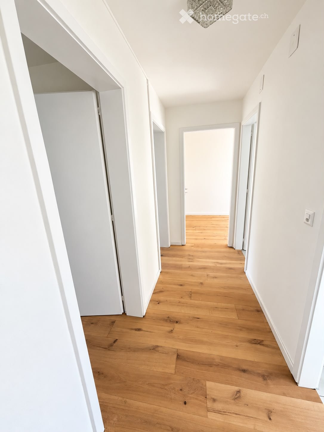 Bright, minimalist hallway with light wooden flooring, white walls, and several doors leading to other rooms.